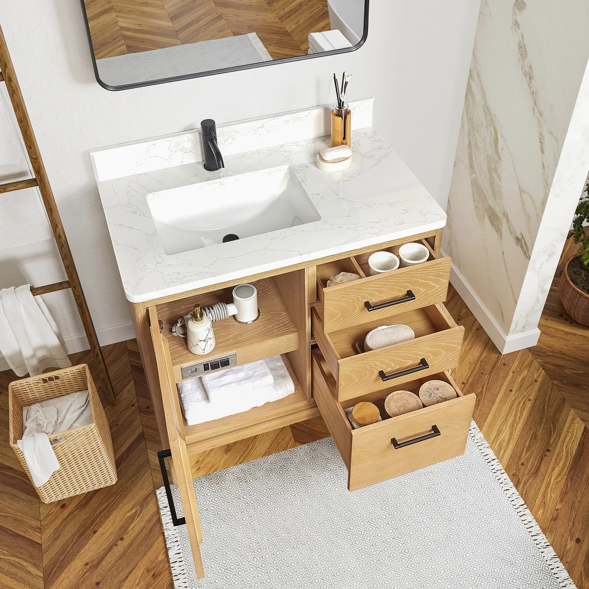 Gara Single Bath Vanity with Composite Stone Top and Mirror