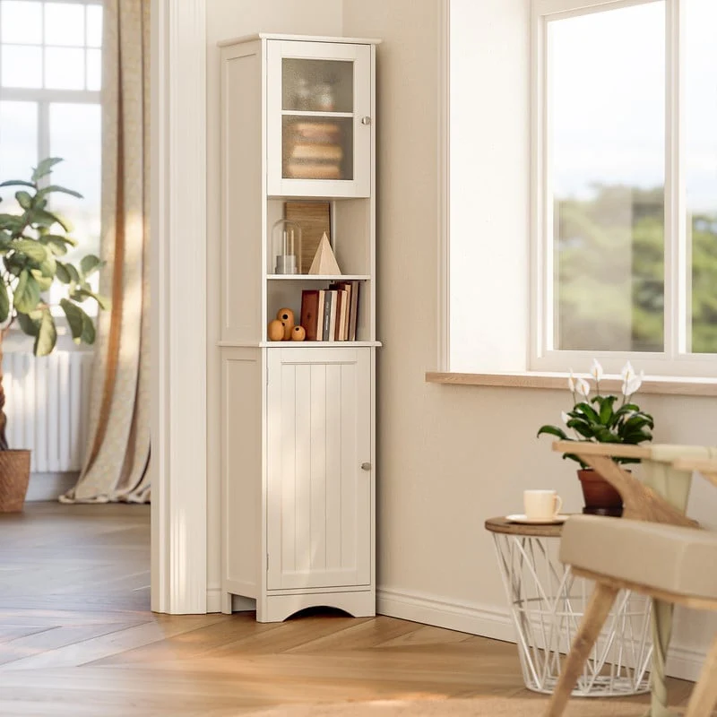 Freestanding Narrow Tall Bathroom Storage Cabinet with Adjustable Shelves, Door and Open Shelves