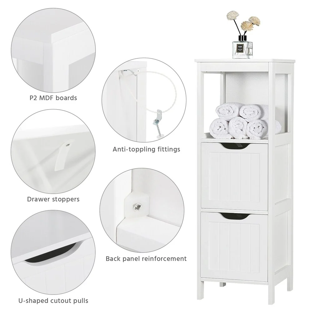 Yaheetech 3 Tiers Floor Bath Cabinet, 2 Hideaway Drawers 1 Shelf
