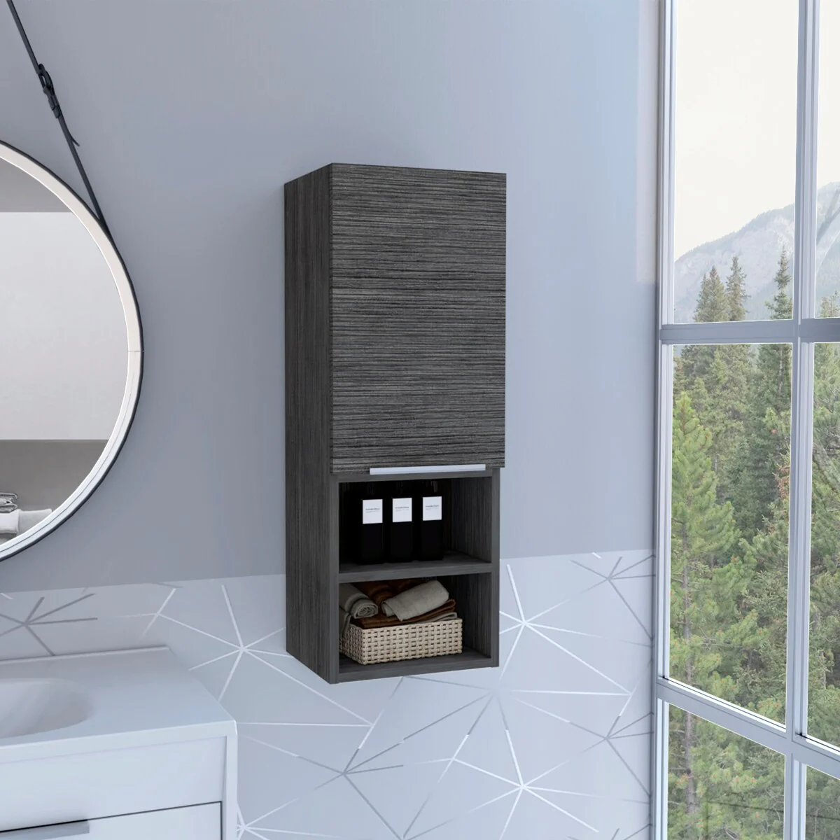 Modern Wood Medicine Cabinet, Compact Bathroom Medicine Cabinet with 1 Door and Open Shelves, 32.08 