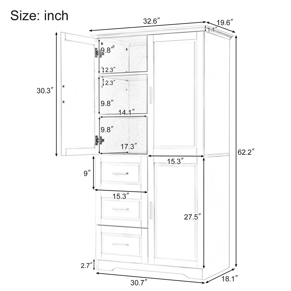 Tall and Wide Storage Cabinet with Doors for Bathroom, Three Drawers