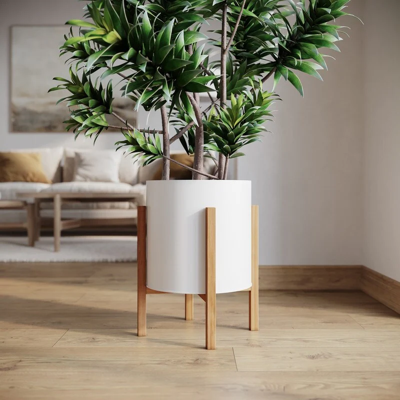 Raya White Mid-Century Modern Planter with 4-Leg Wood Base