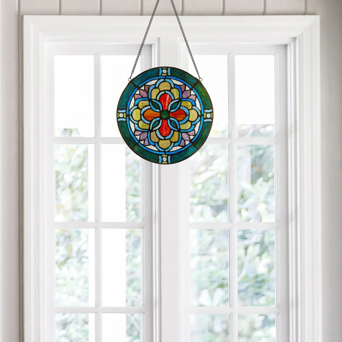 Geometric River of Goods Teal and Yellow Tiffany-Style Stained Glass Round Window Panel - 12