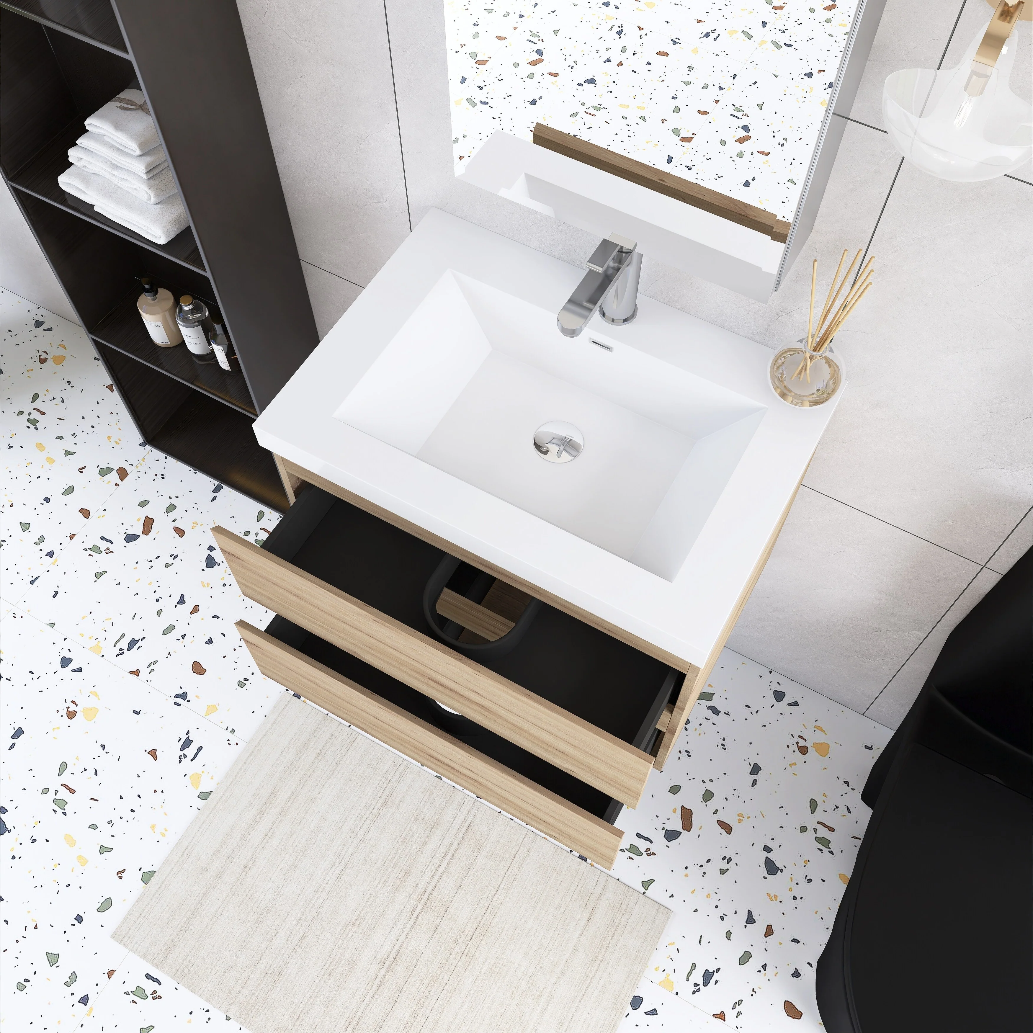 Angela Wall Mounted Bathroom Vanity in F. Oak with White Cultured Marble Top