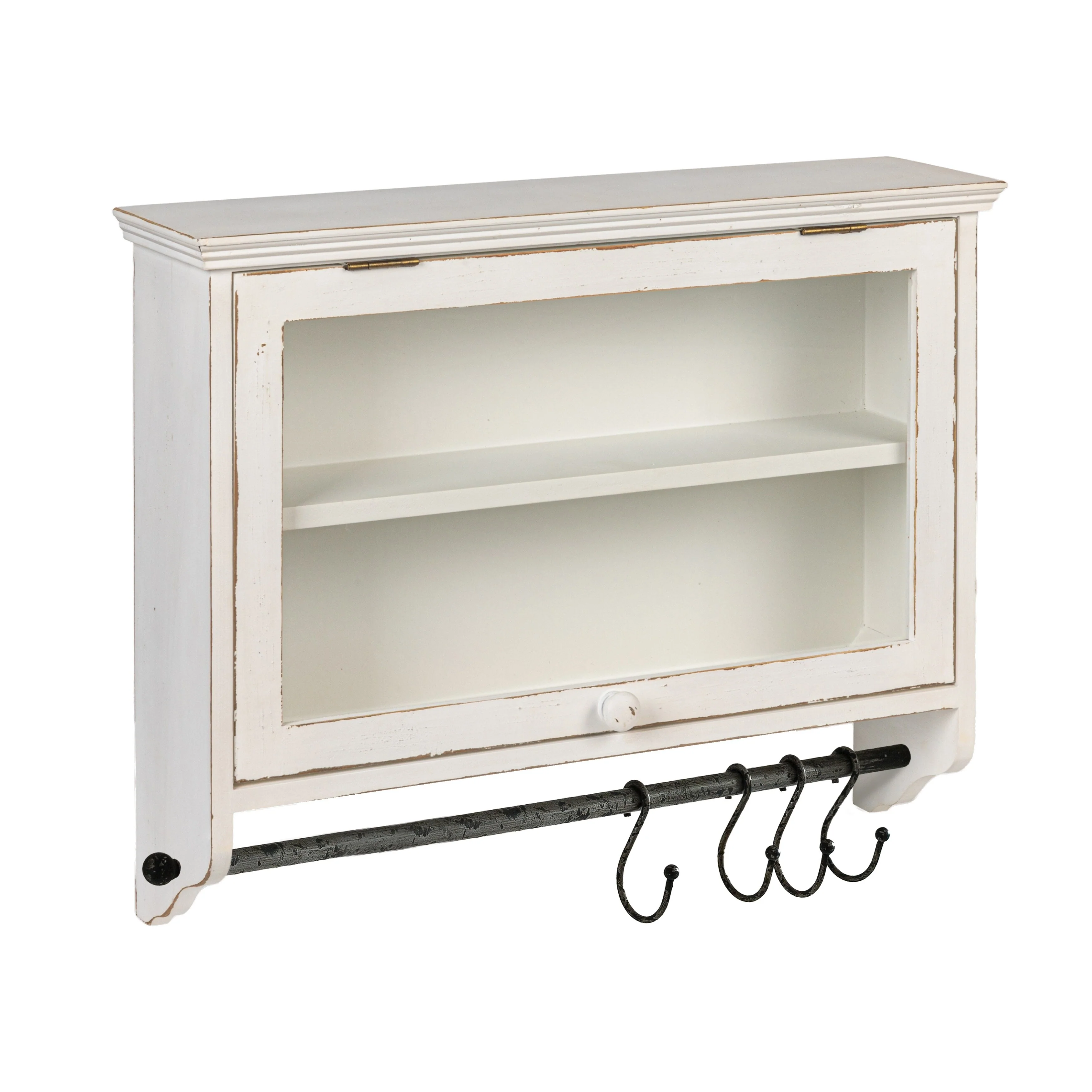 Wood and Glass Wall Cabinet with Hooks