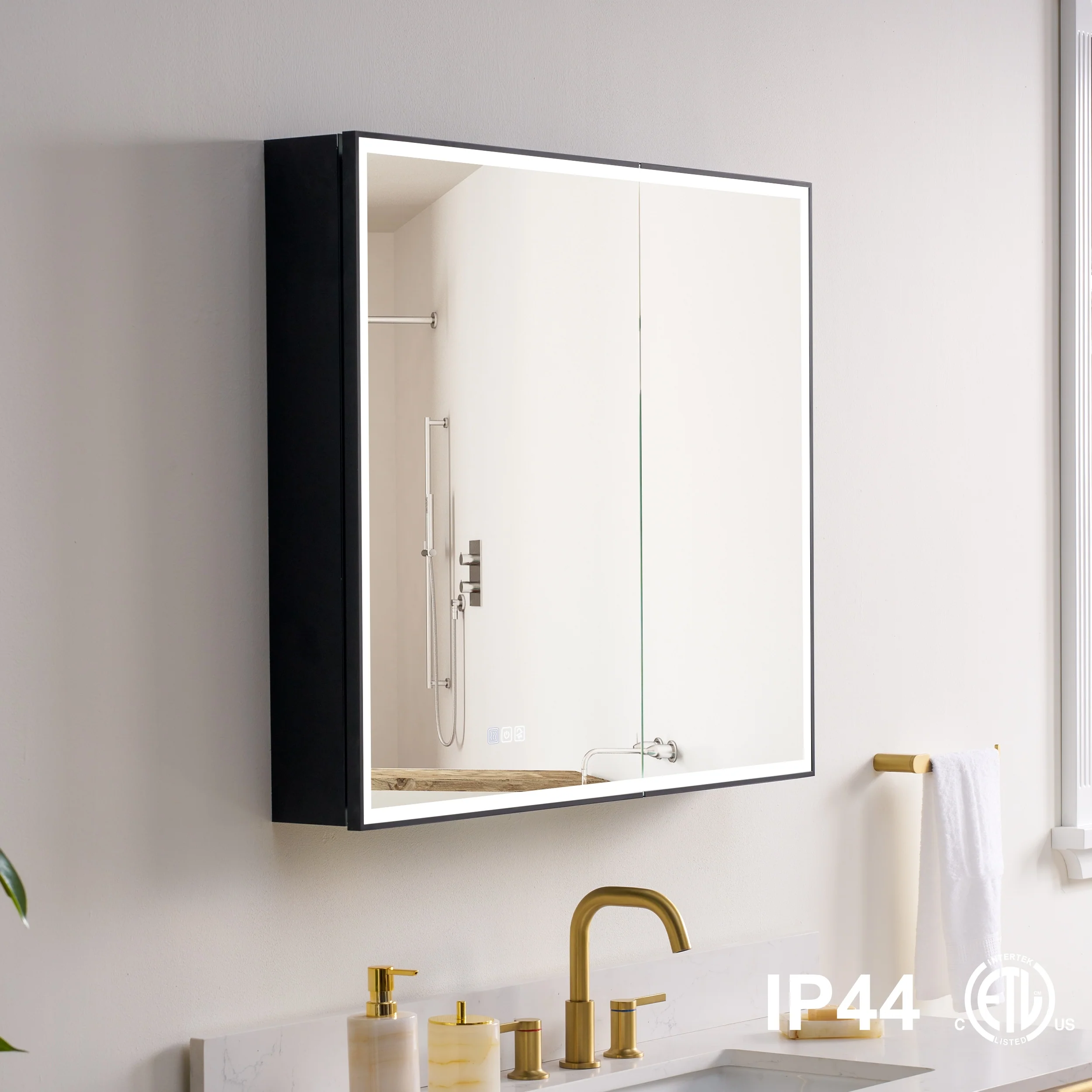 30'' H Recessed Or Surface Wall Mounted LED Mirror Cabinet With Mirror And Adjustable Shelves,Black Frame