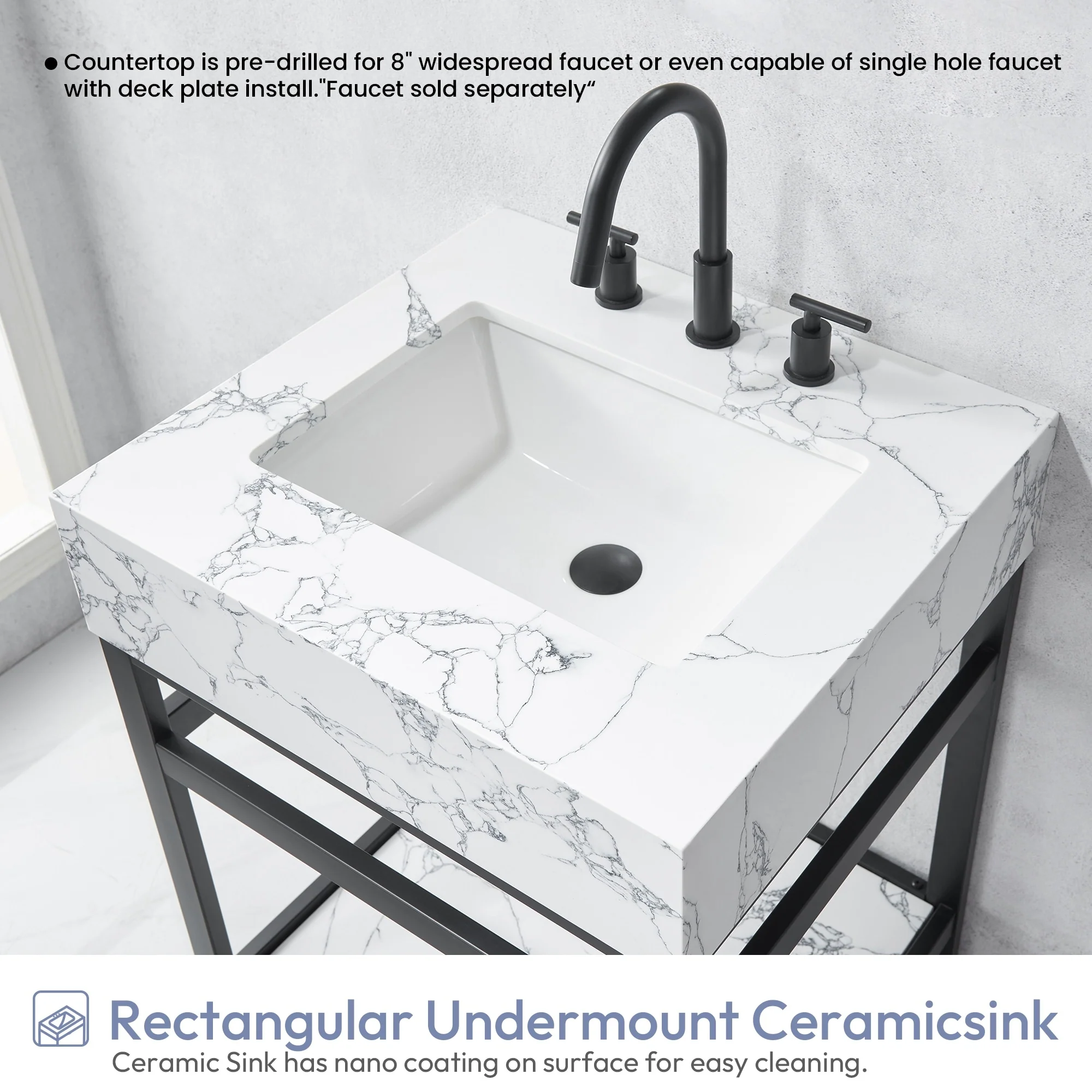 Ecija Bath Vanity, Metal Support with Composite Stone Top, no Mirror
