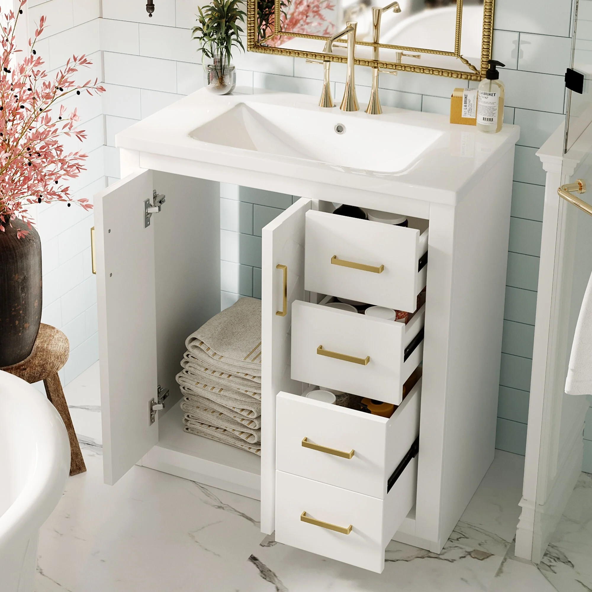 30'' Bathroom Vanity with Ceramic Sink Combo, Bathroom Storage Cabinet Vanity Set with 3 Drawers& Soft Closing Doors