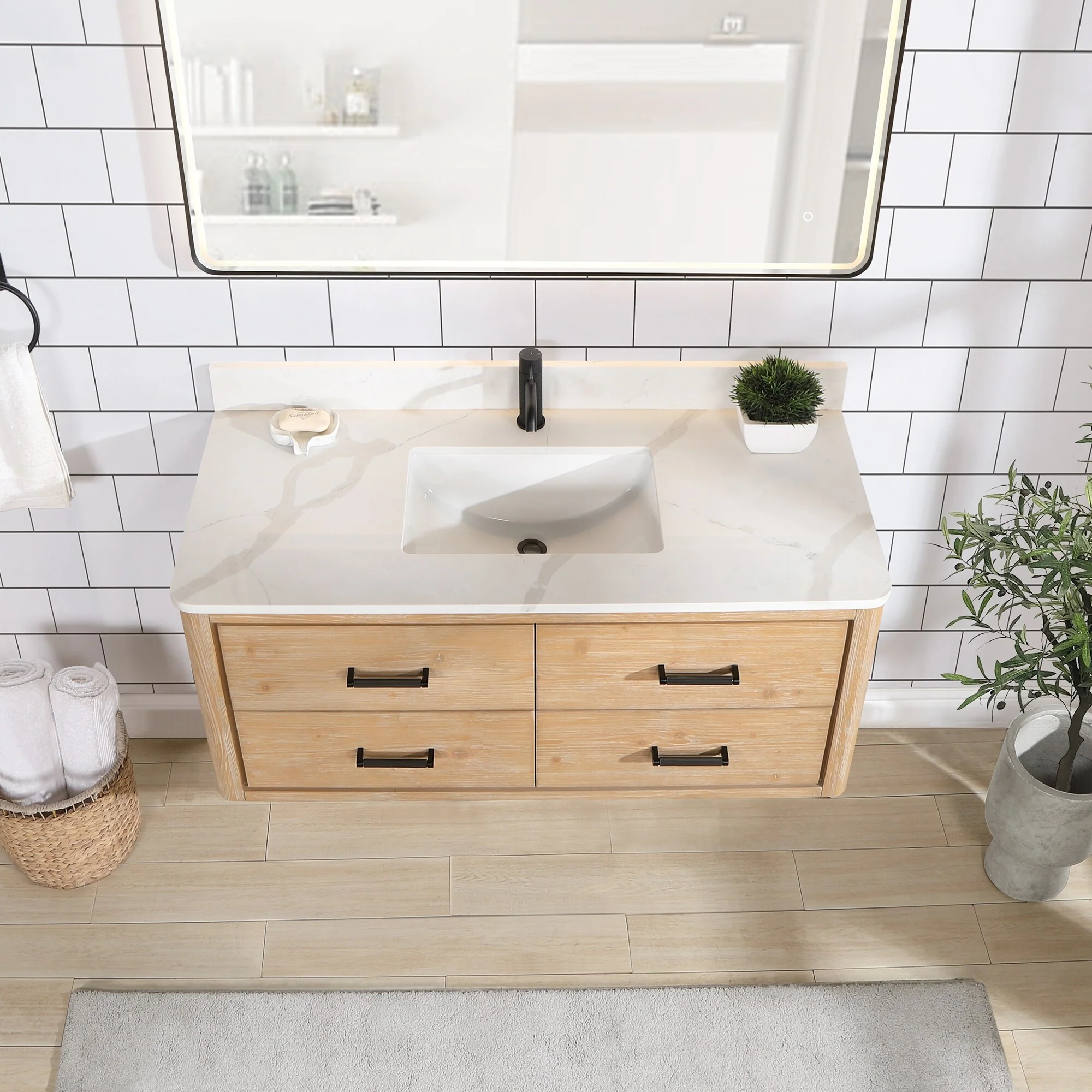 Cristo Floating Bath Vanity with White Quartz Stone Top and Mirror