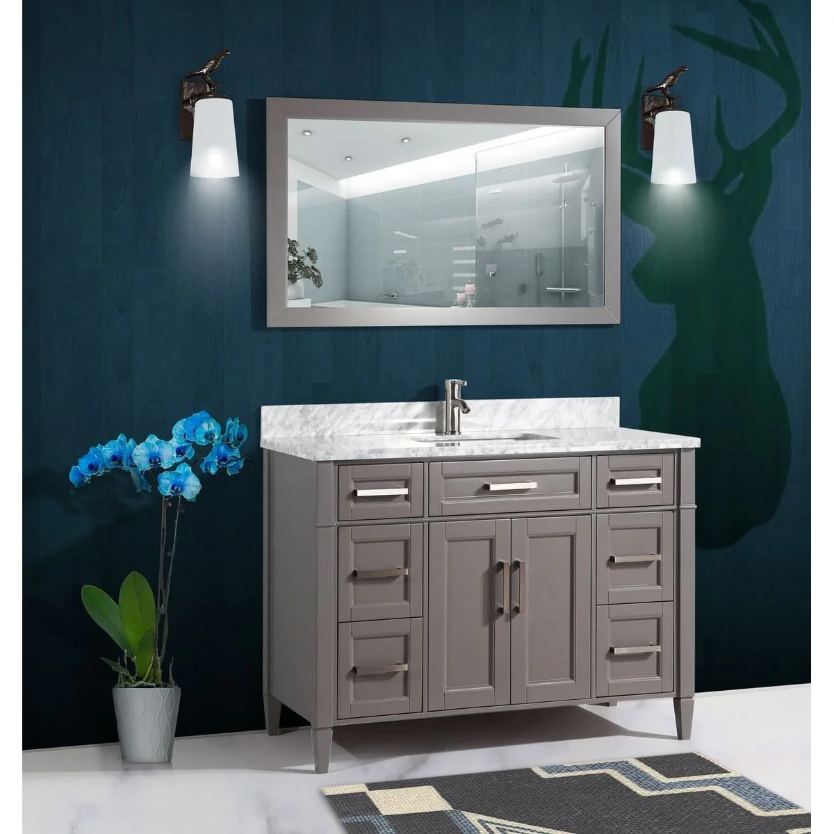 Vanity Art 60-Inch Single Sink Bathroom Vanity Set Carrara Marble Stone Top 7 Drawers 1 Shelf Undermount Sink with Free Mirror
