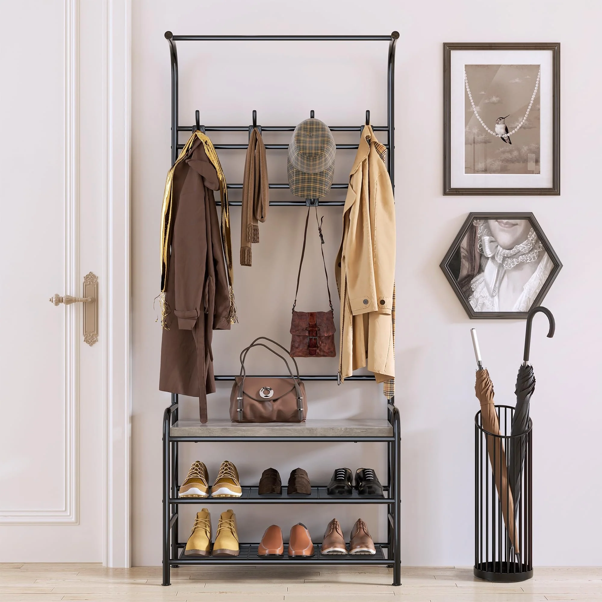 Industrial Entryway Coat Rack with Shoe Bench 3-in-1 Functional Hall Tree