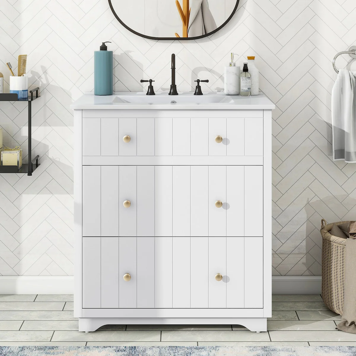 30-Inch Modern White Bathroom Vanity Cabinet with two drawers
