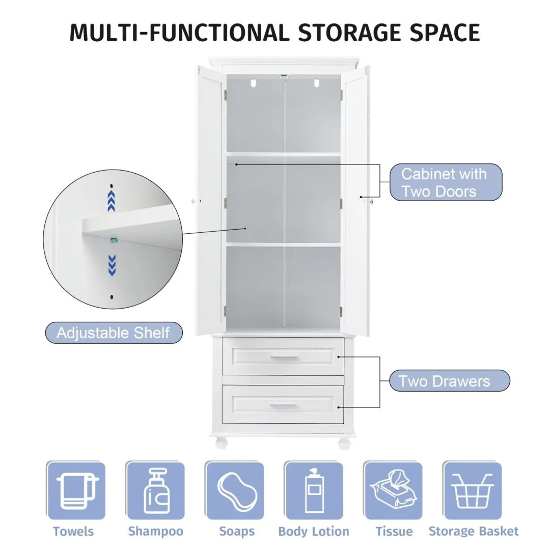 Tall Storage Cabinet with Two Drawers for Bathroom