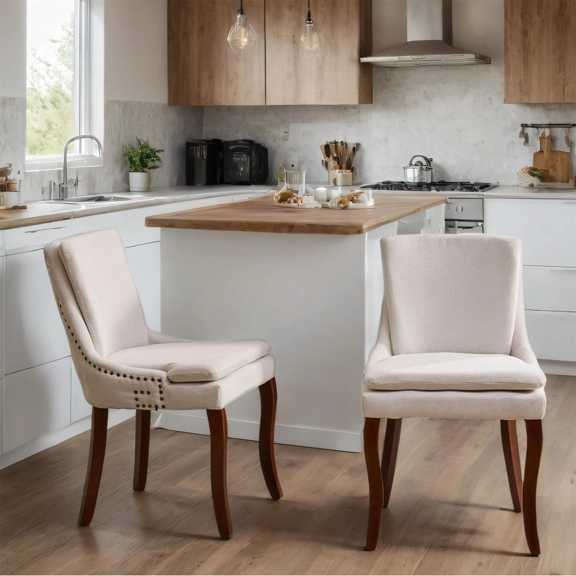 Chenille Fabric Upholstered Dining Chairs w/ Solid Wood Legs(Set of 2)