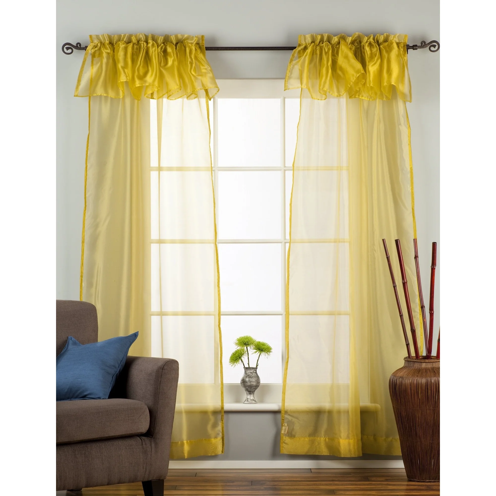 Olive Gold Rod Pocket w/ attached Valance Sheer Tissue Curtain/ /Panel-84