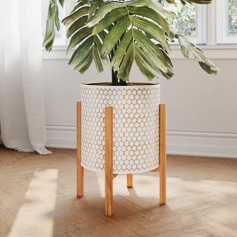 Honeycomb Mid-Century Modern Indoor Metal Pot Planter with 4-Leg Wood Base