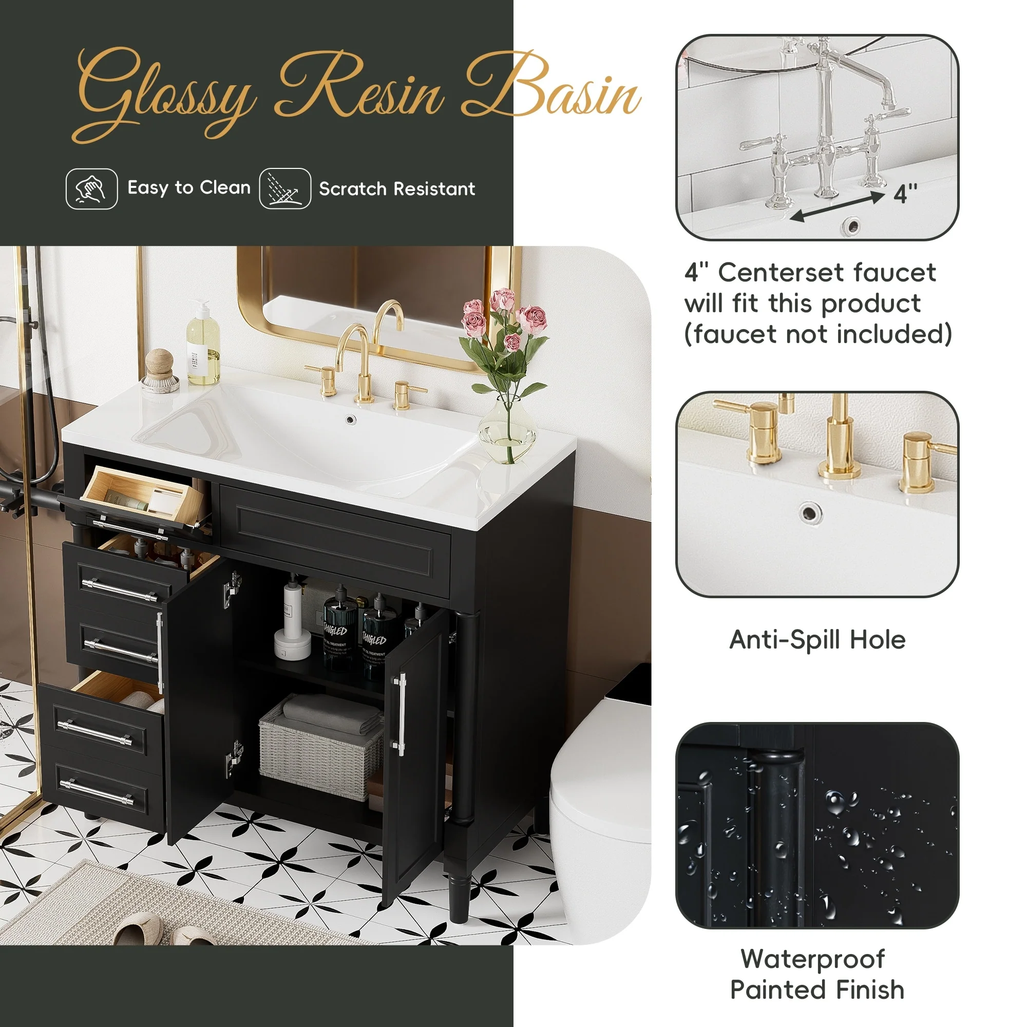 36'' Bathroom Vanity with Top Resin Sink