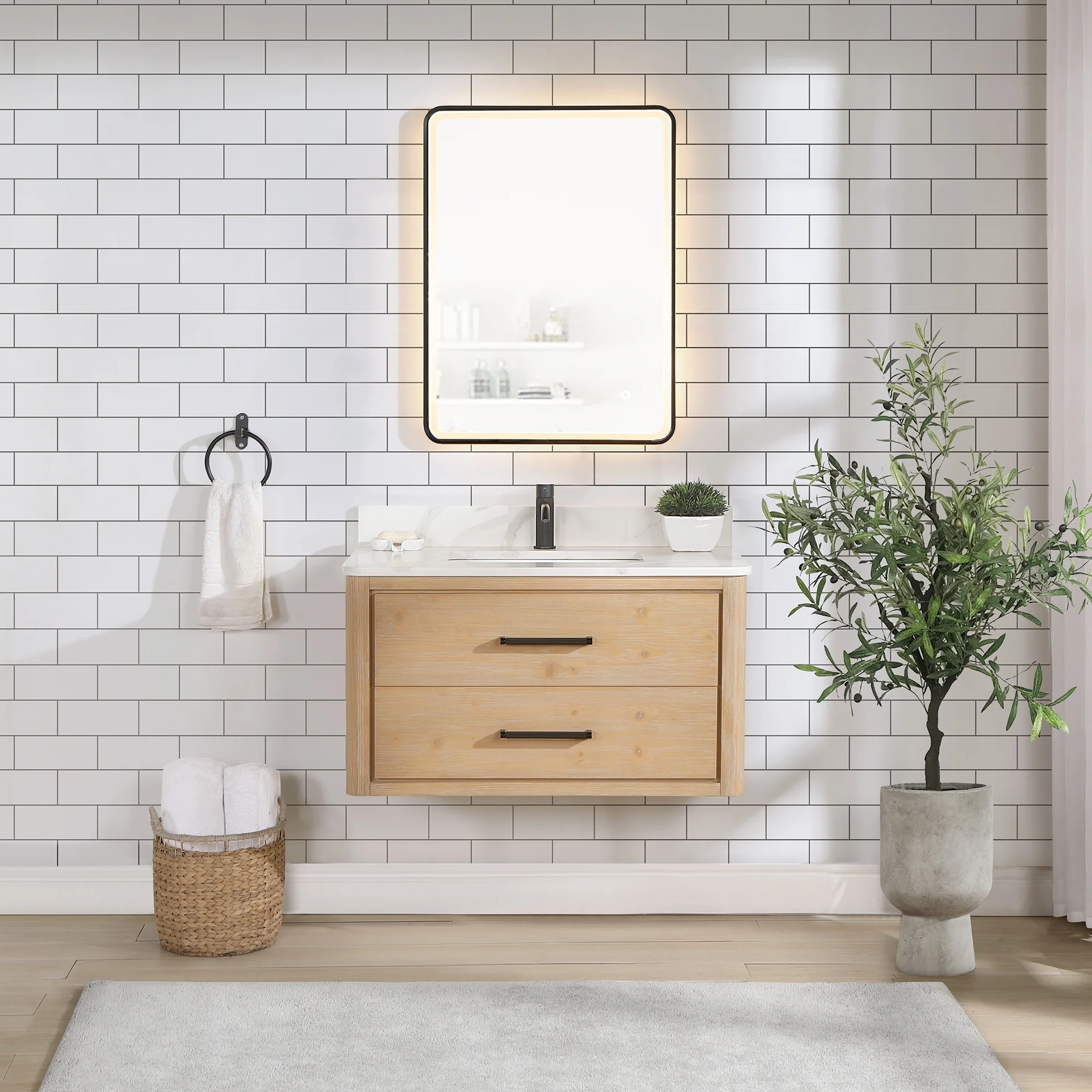 Cristo Floating Bath Vanity with White Quartz Stone Top and Mirror