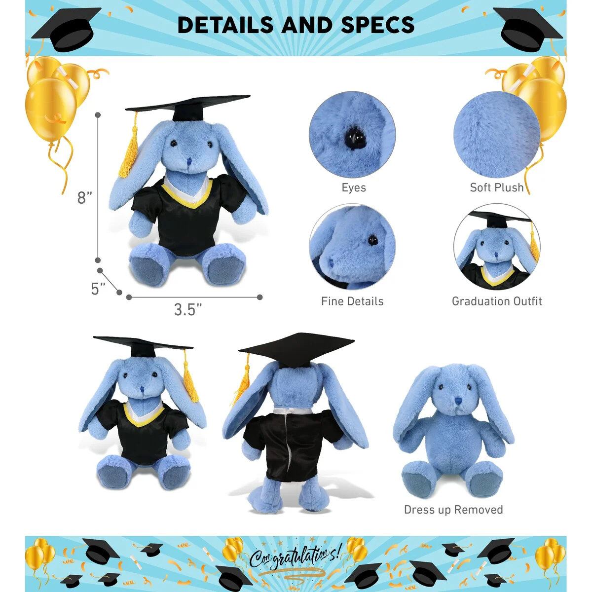 DolliBu Baby Blue Rabbit Graduation Plush Toy with Gown and Cap Outfit - 8 inches