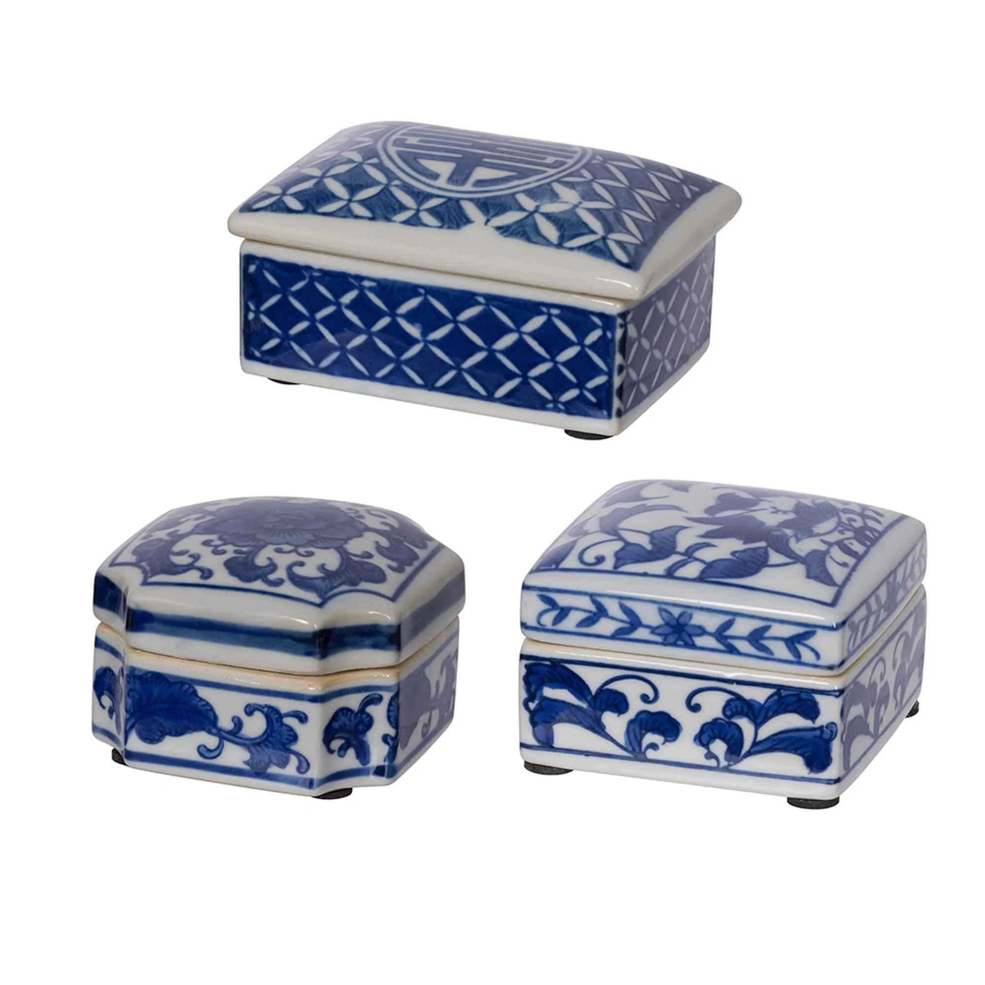 Set of 3 Decorative Boxes, White and Blue Porcelain Pottery, Floral Designs