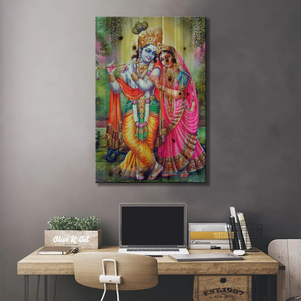 Krishna & Radha Hindu Gods Print On Wood by Unknown Artist - Multi-Color