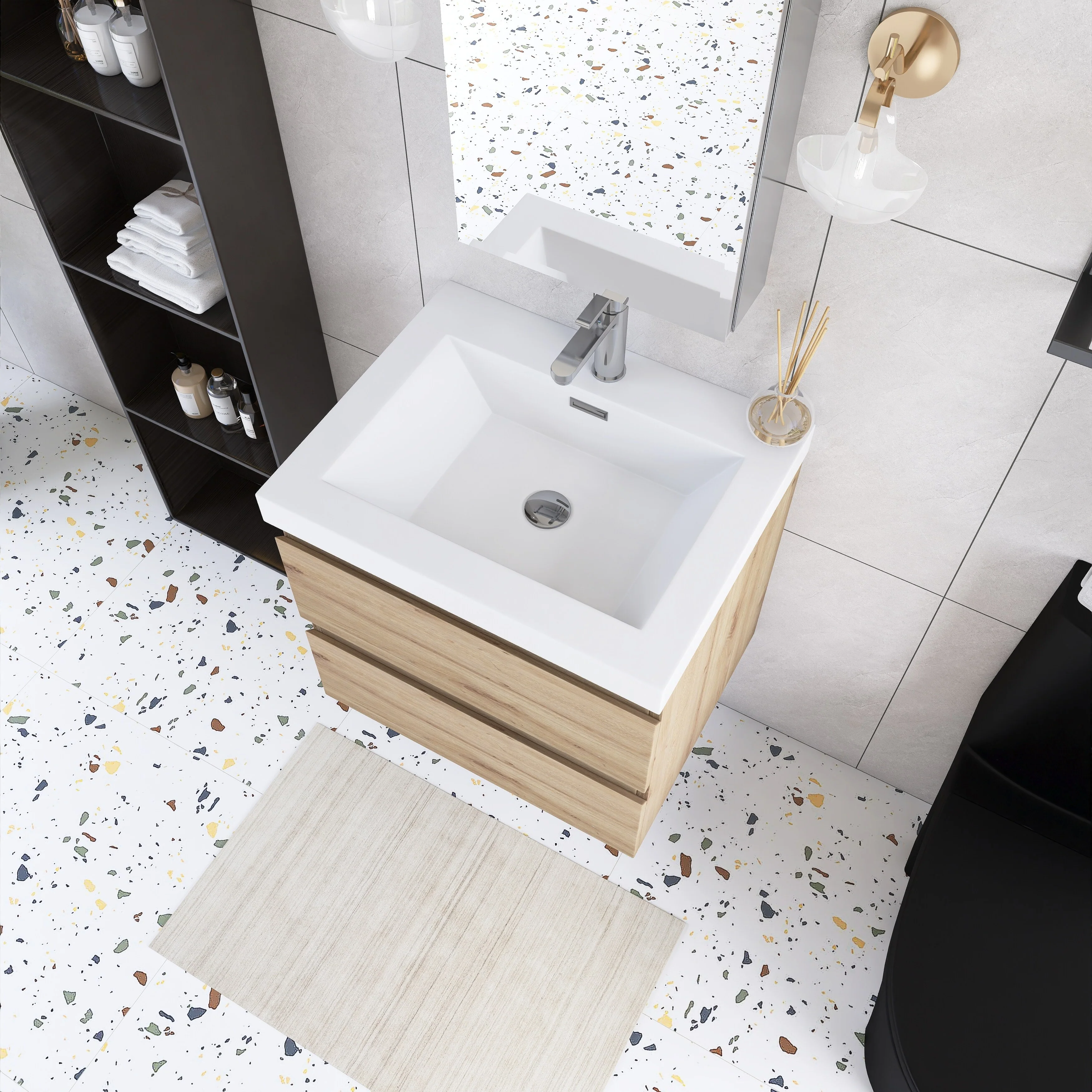 Angela Wall Mounted Bathroom Vanity in F. Oak with White Cultured Marble Top