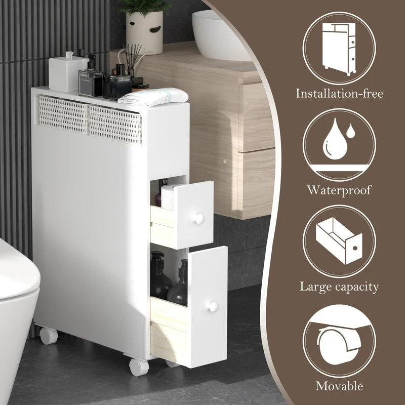 Freestanding Wooden Storage Cabinet with Storage Basket for Narrow Bathroom