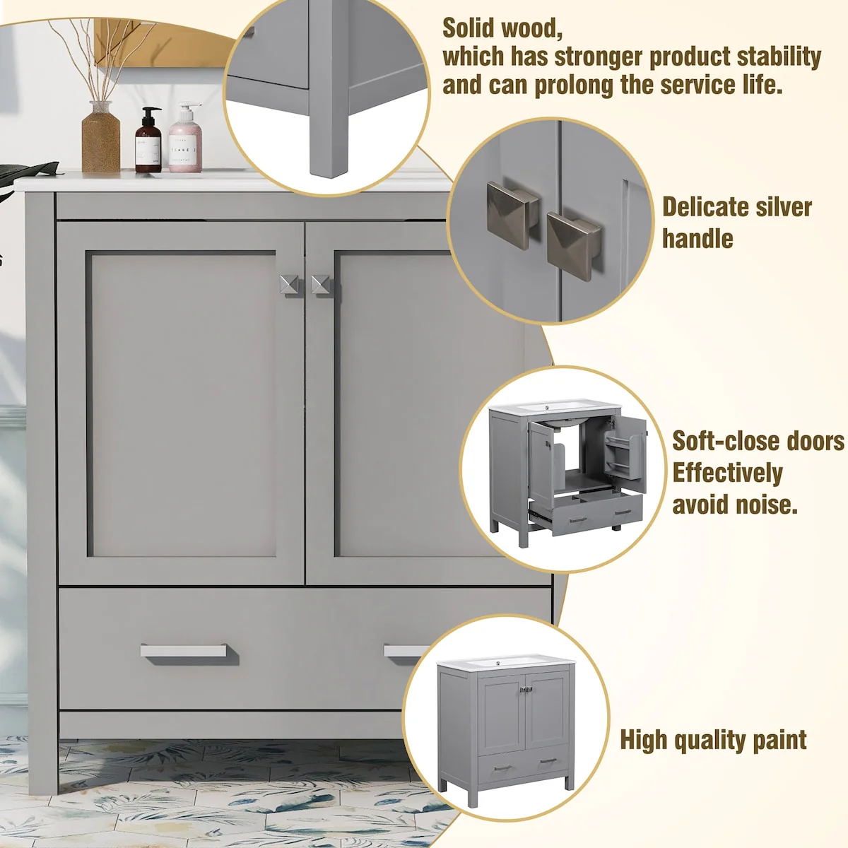 Bathroom Vanity with Single Sink, 2 Soft Closing Doors and 1 Drawer