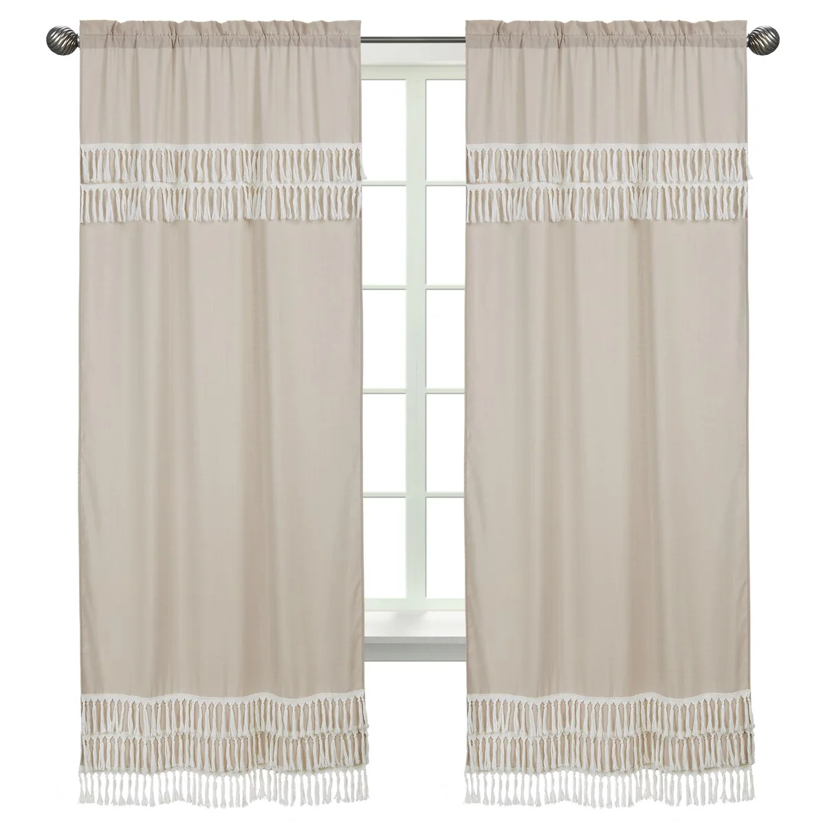 Boho Fringe 84in Window Treatment Curtain Panel Pair - Neutral Tan Taupe Linen for Bohemian Woodland Farmhouse Botanical Leaf