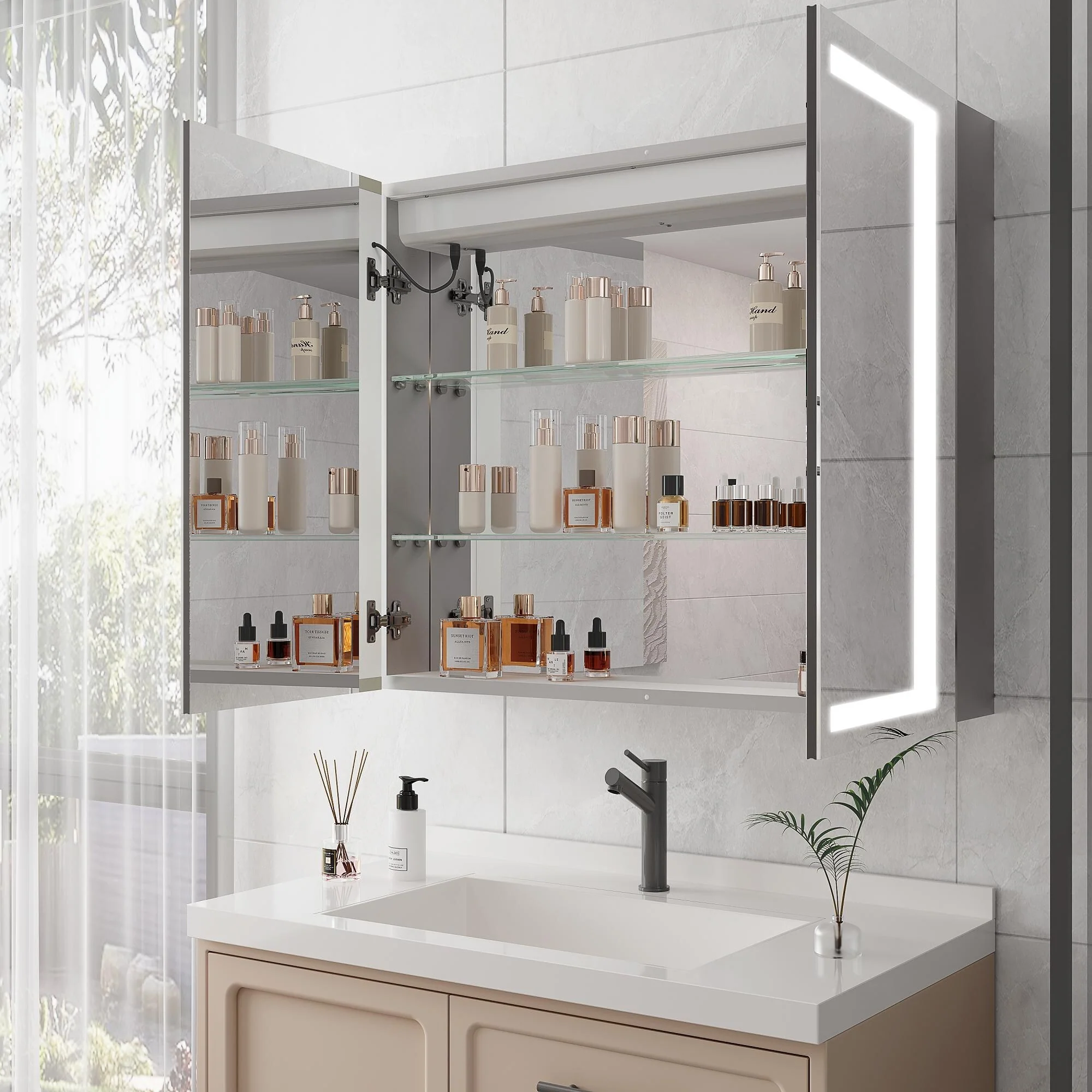 Bathroom Medicine Cabinet with Mirror Wall Mounted LED Bathroom Mirror Cabinet with Lights, Anti-Fog,Storage Shelves