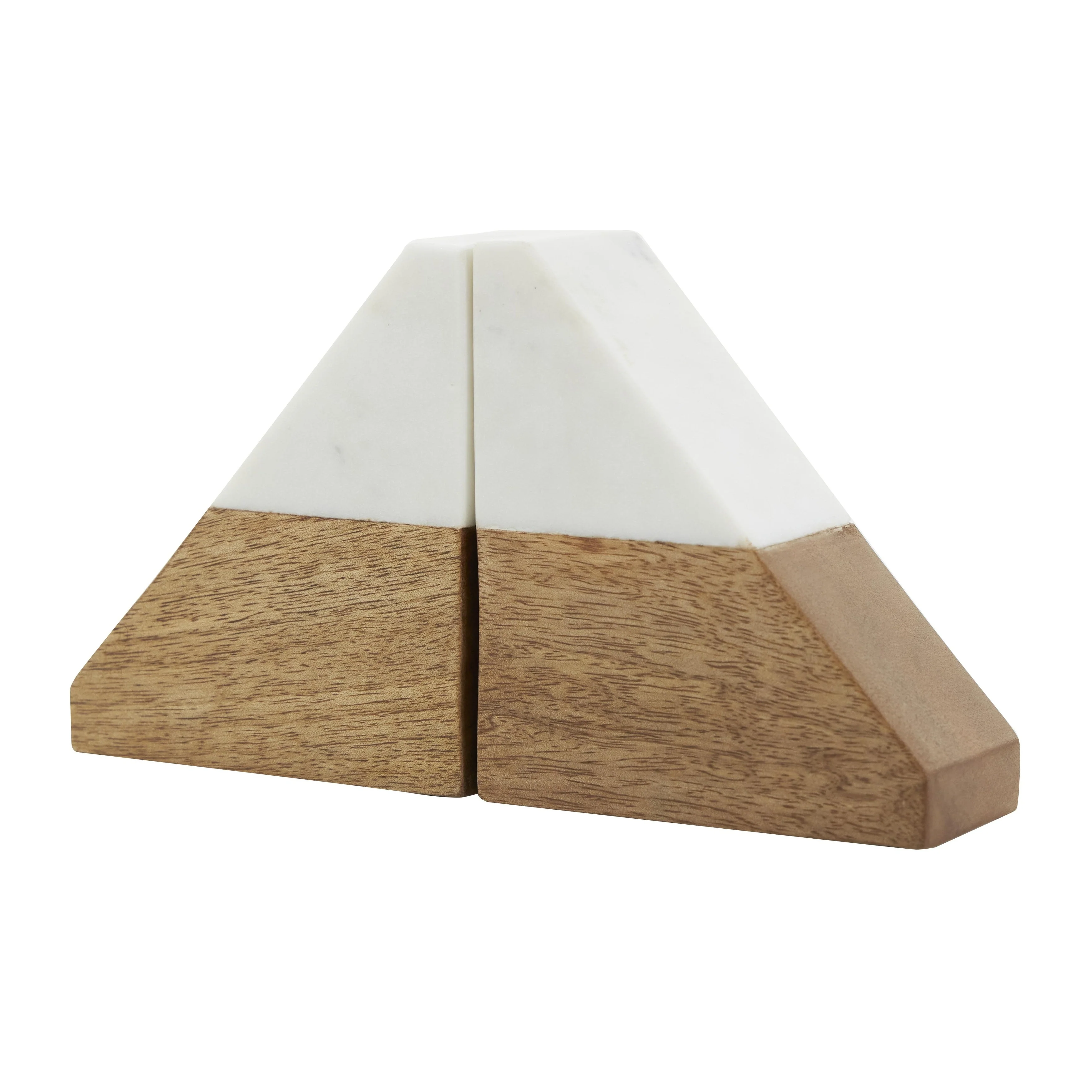 Mango Wood Geometric Triangle 3 lbs Decorative Bookends with White Marble Tops - Set of 2 Brown - Roche River Decor