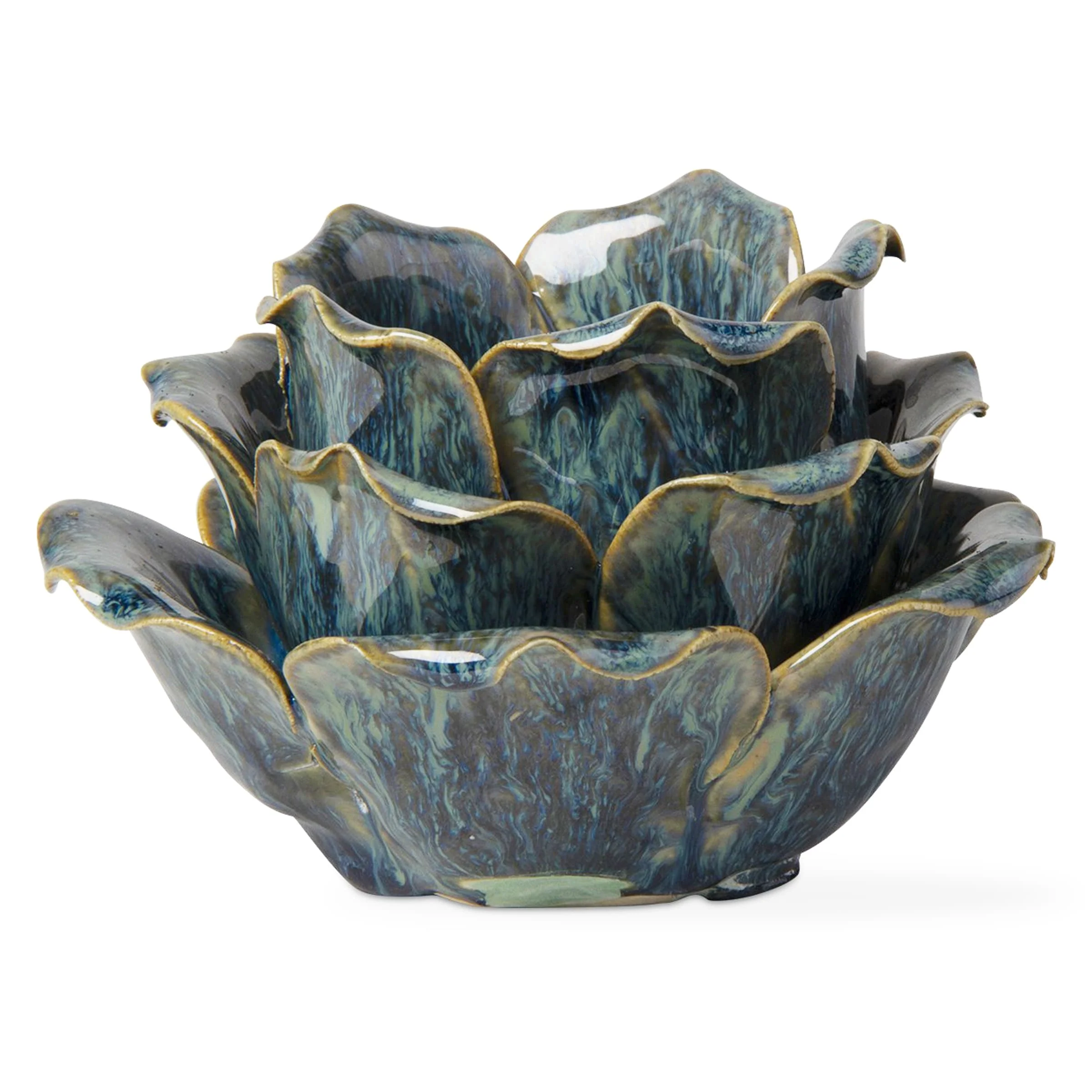 Blue Flower Votive Tealight Stoneware Candle Holder Home Decor Tabletop Mantel Centerpiece,