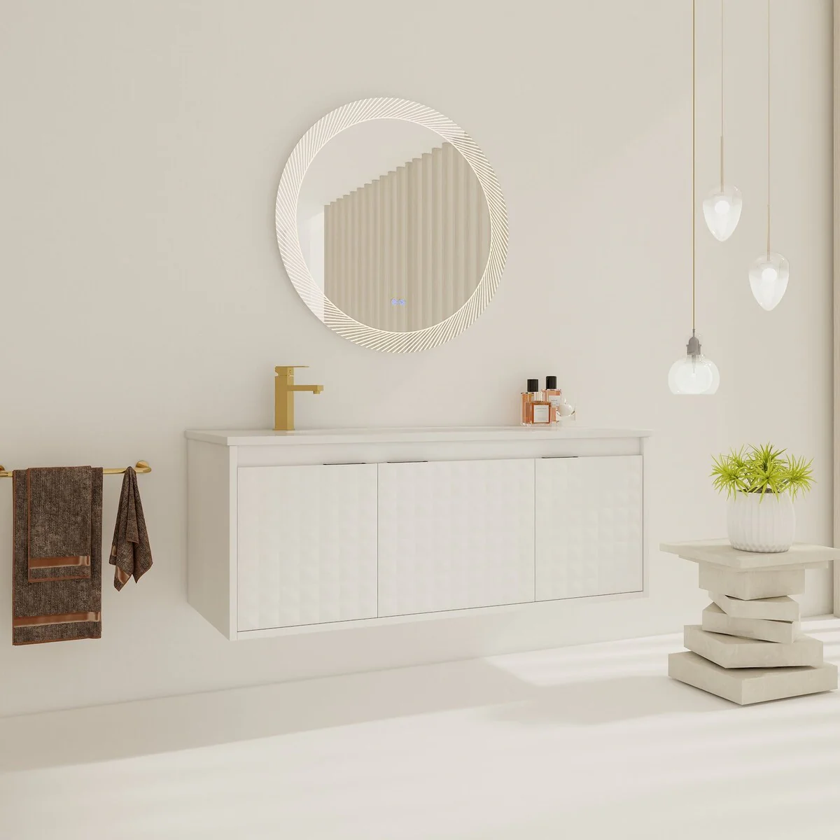 24/ 48 inch Wall Mounted Bathroom Vanity Set in White with Integrated Resin Sink