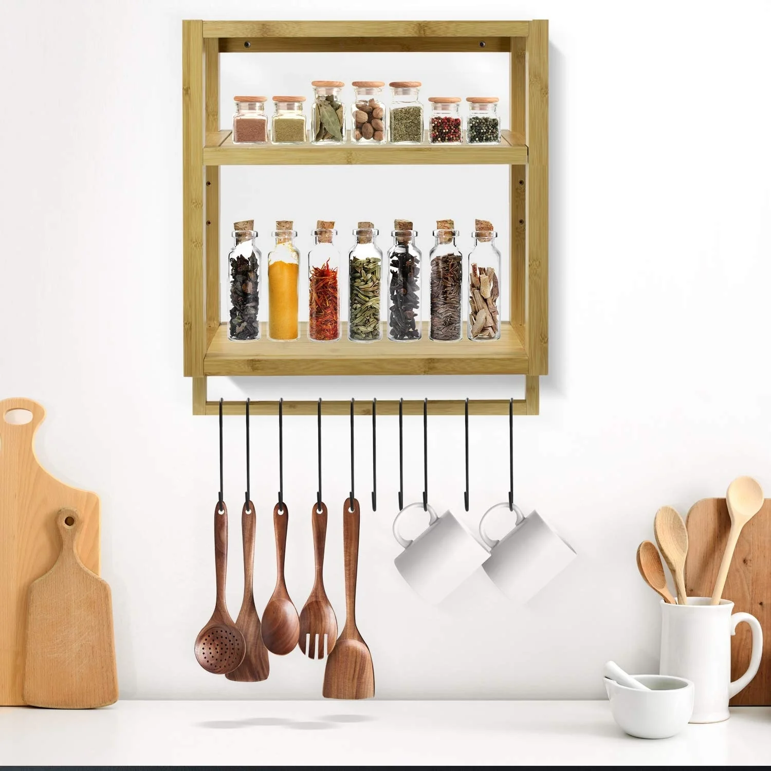 Bamboo Shelf Towel Rack Bar Wall Mounted Storage for Bathroom, Kitchen
