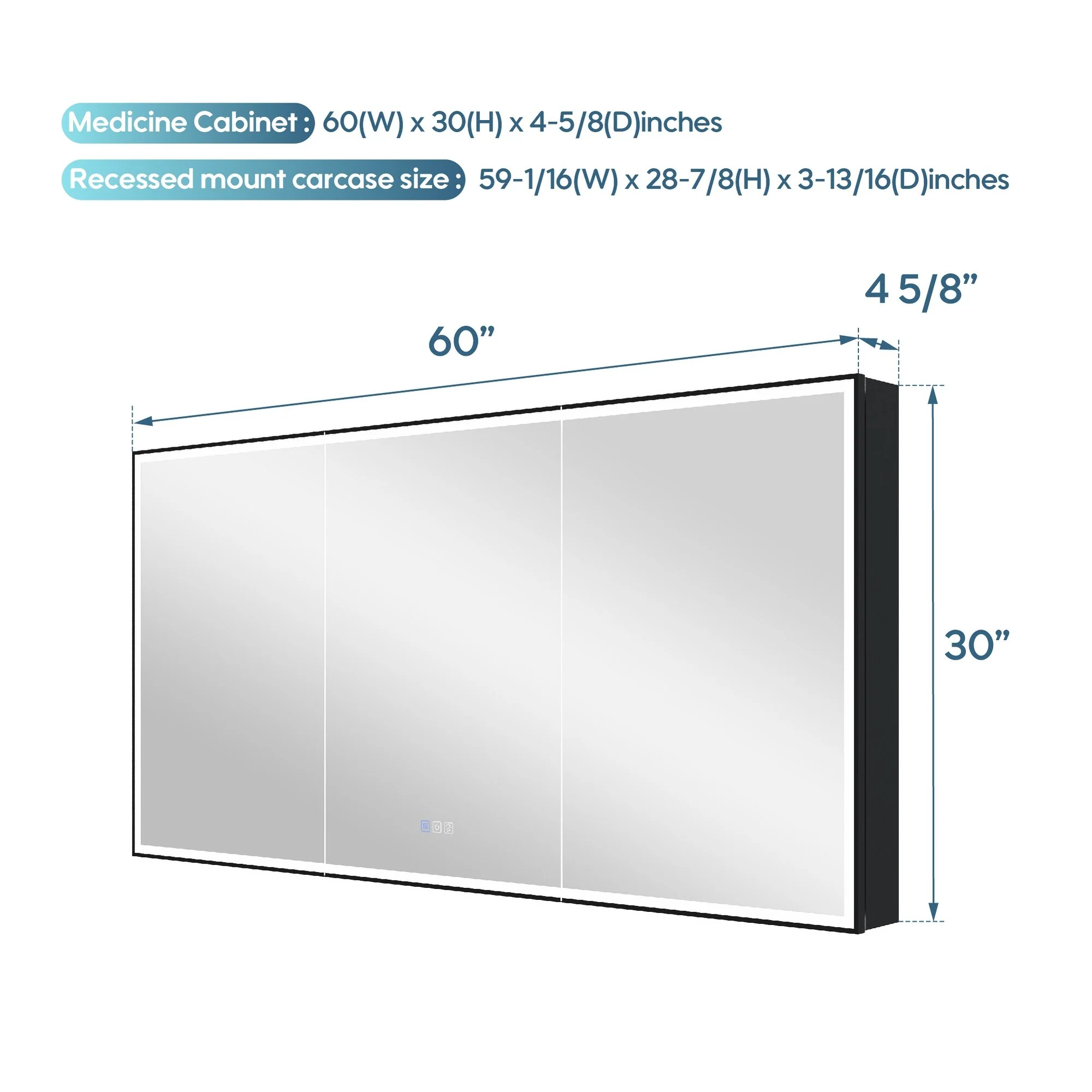 30'' H Recessed Or Surface Wall Mounted LED Mirror Cabinet With Mirror And Adjustable Shelves,Black Frame