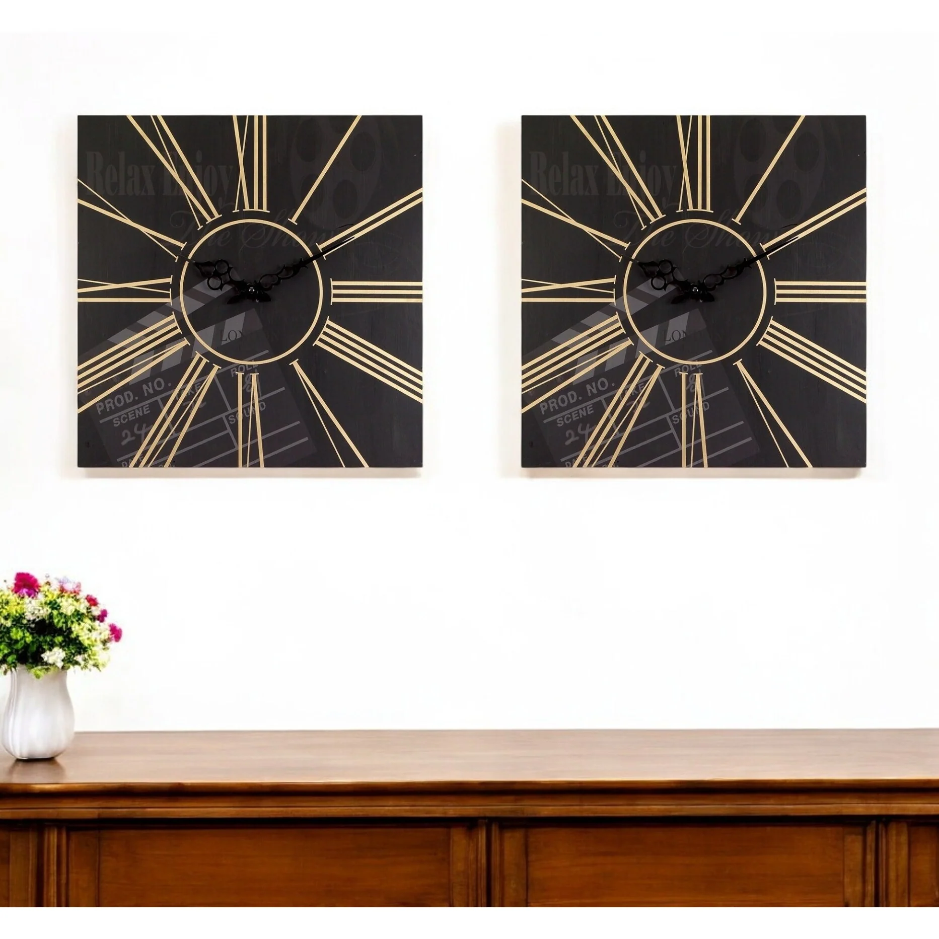 HomeRoots Set of Two Black And Gold Wood Analog Square Cinema Wall Clocks - 15.75' X '15.75' X '1.75