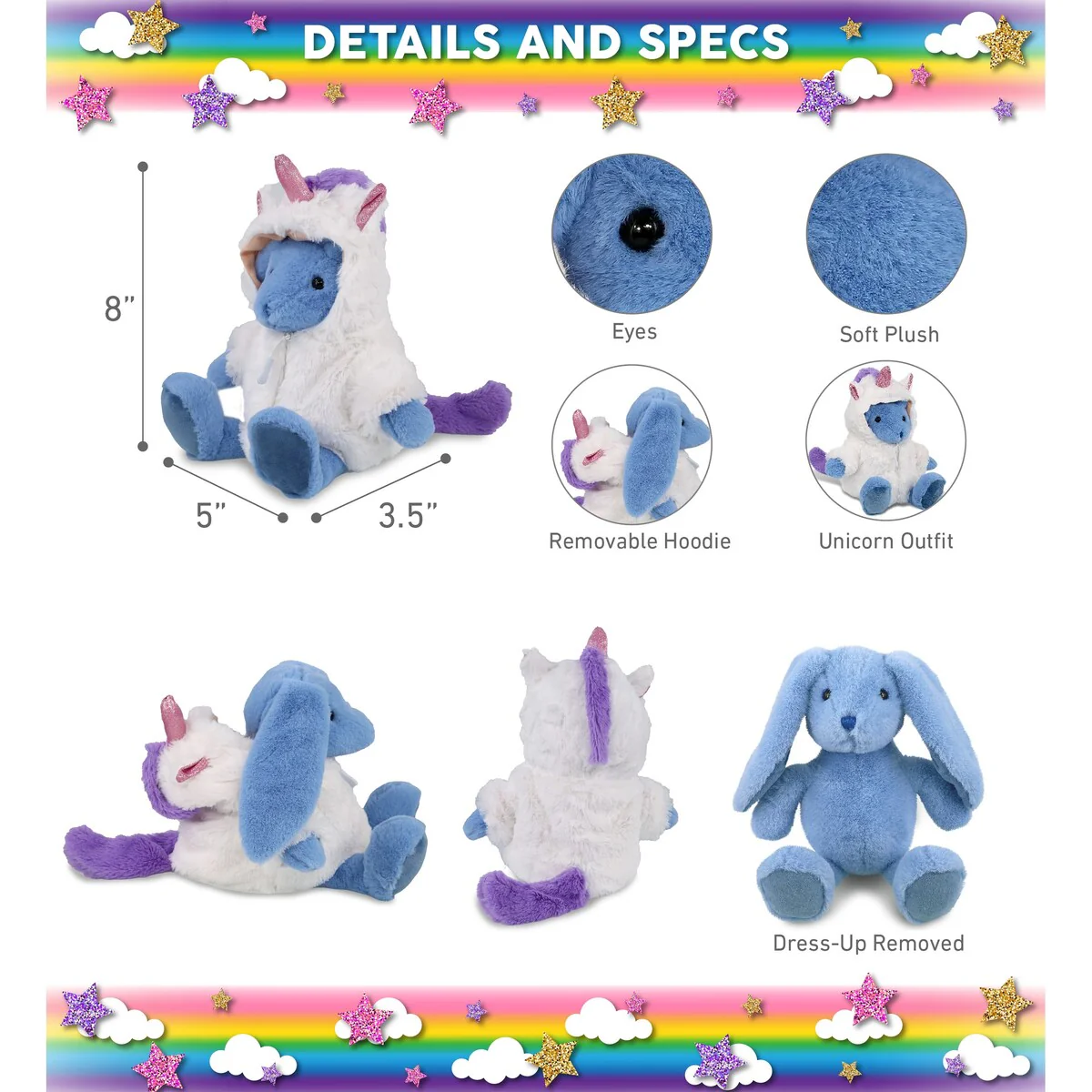 DolliBu Baby Blue Rabbit Unicorn Stuffed Animal with Unicorn Outfit - 8 inches