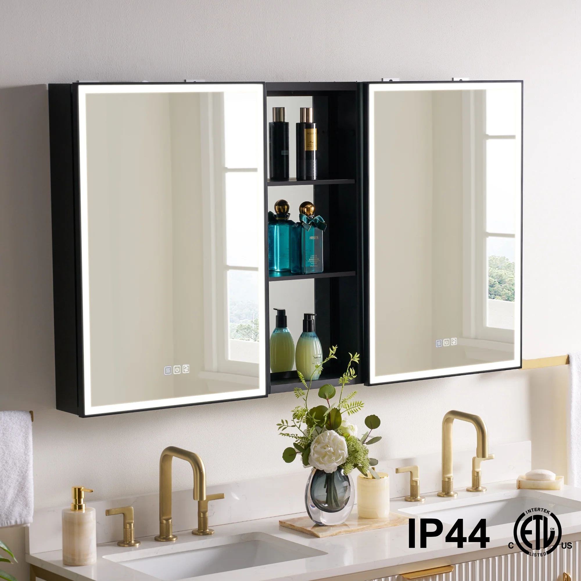 30 in. H Recessed or Surface Wall Mounted LED Mirror Cabinet With Black Side Cabinet