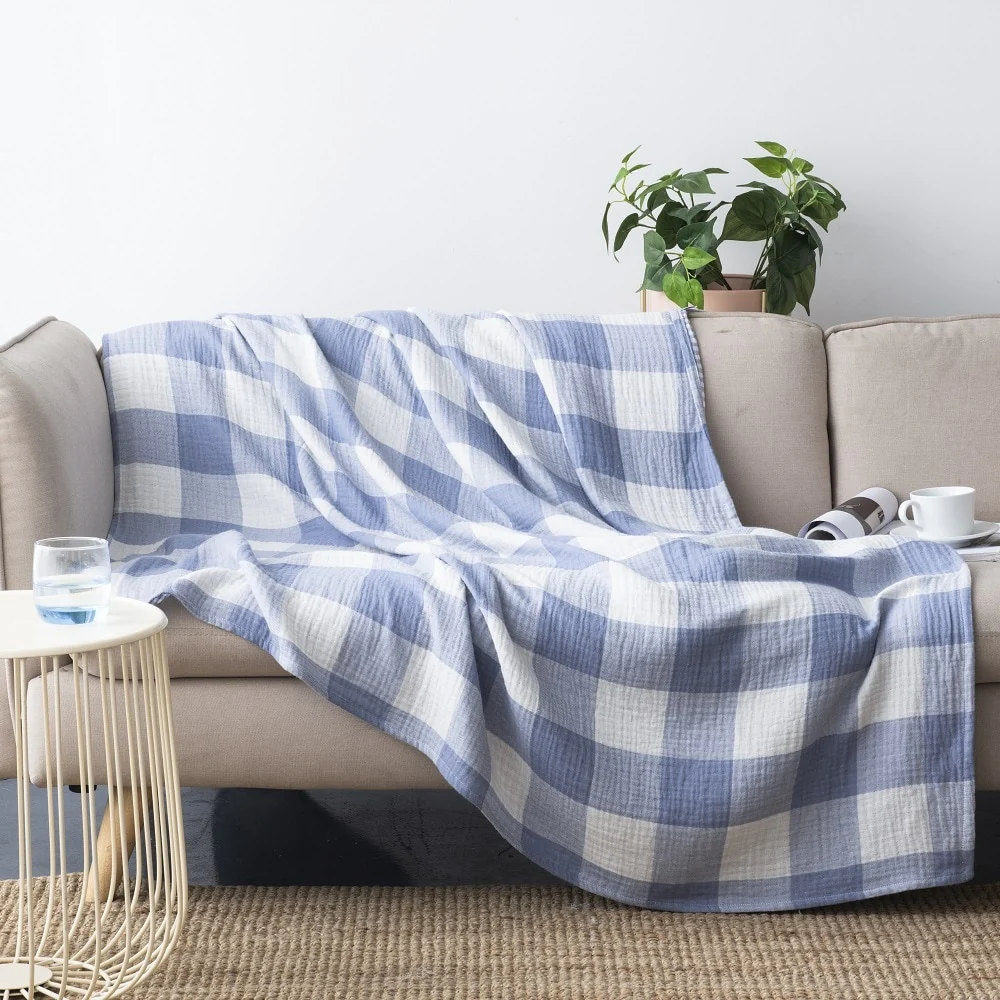 WHOLINENS Cotton Four Layers Muslin Gauze Picnic Throw Blanket Reversible