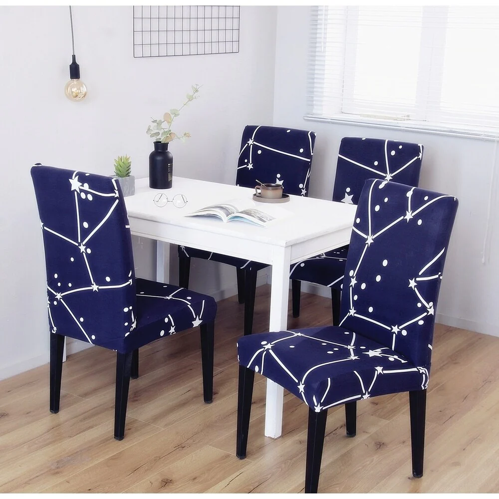 Enova Home Dark Blue Elegant Polyester and Spandex Stretch Washable Box Cushion Chair Slipcover Set of 4