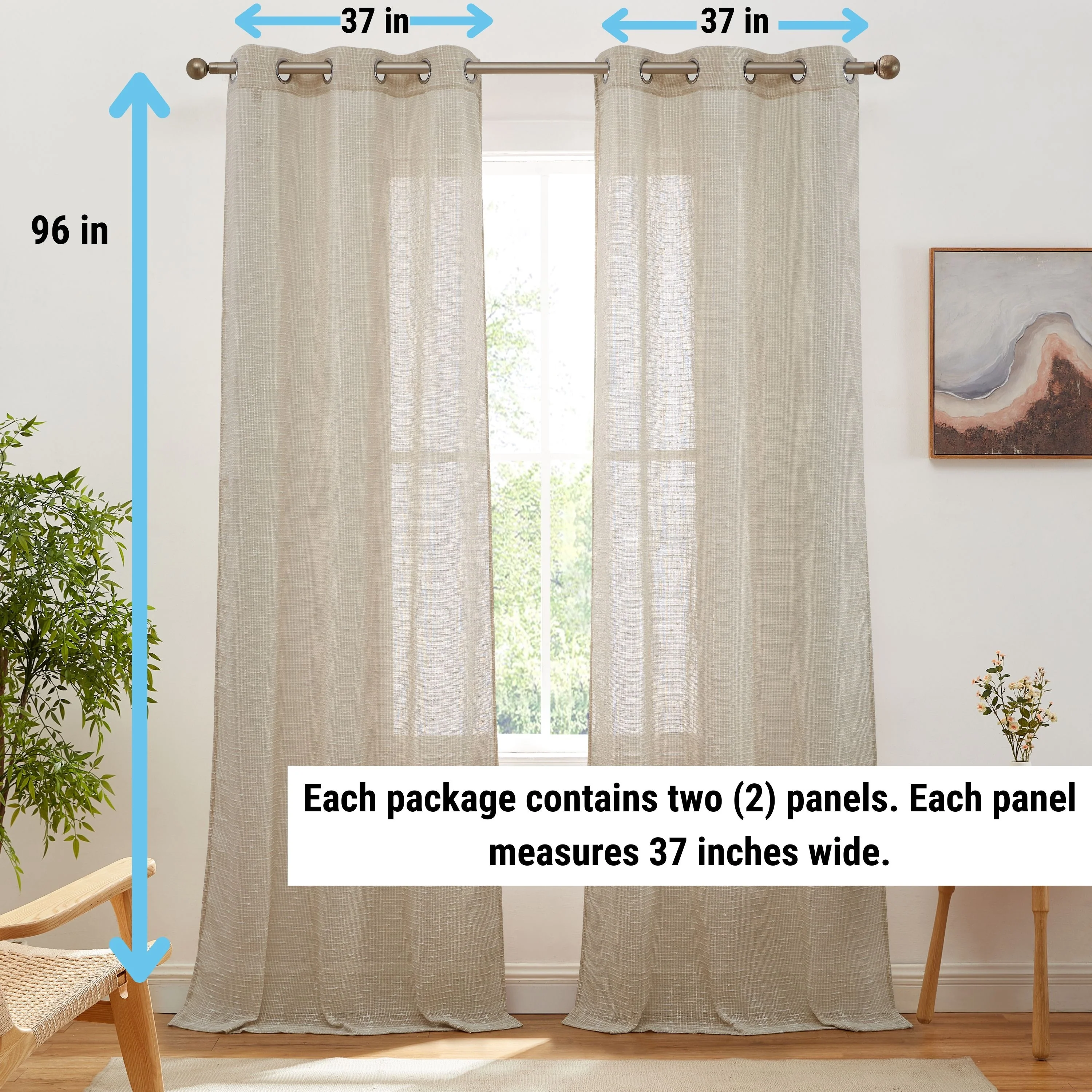 HLC.ME Emily Faux Linen Semi Sheer Light Filtering Transparent Grommet Lightweight Window Curtains Drapery Panels, 2 Panels