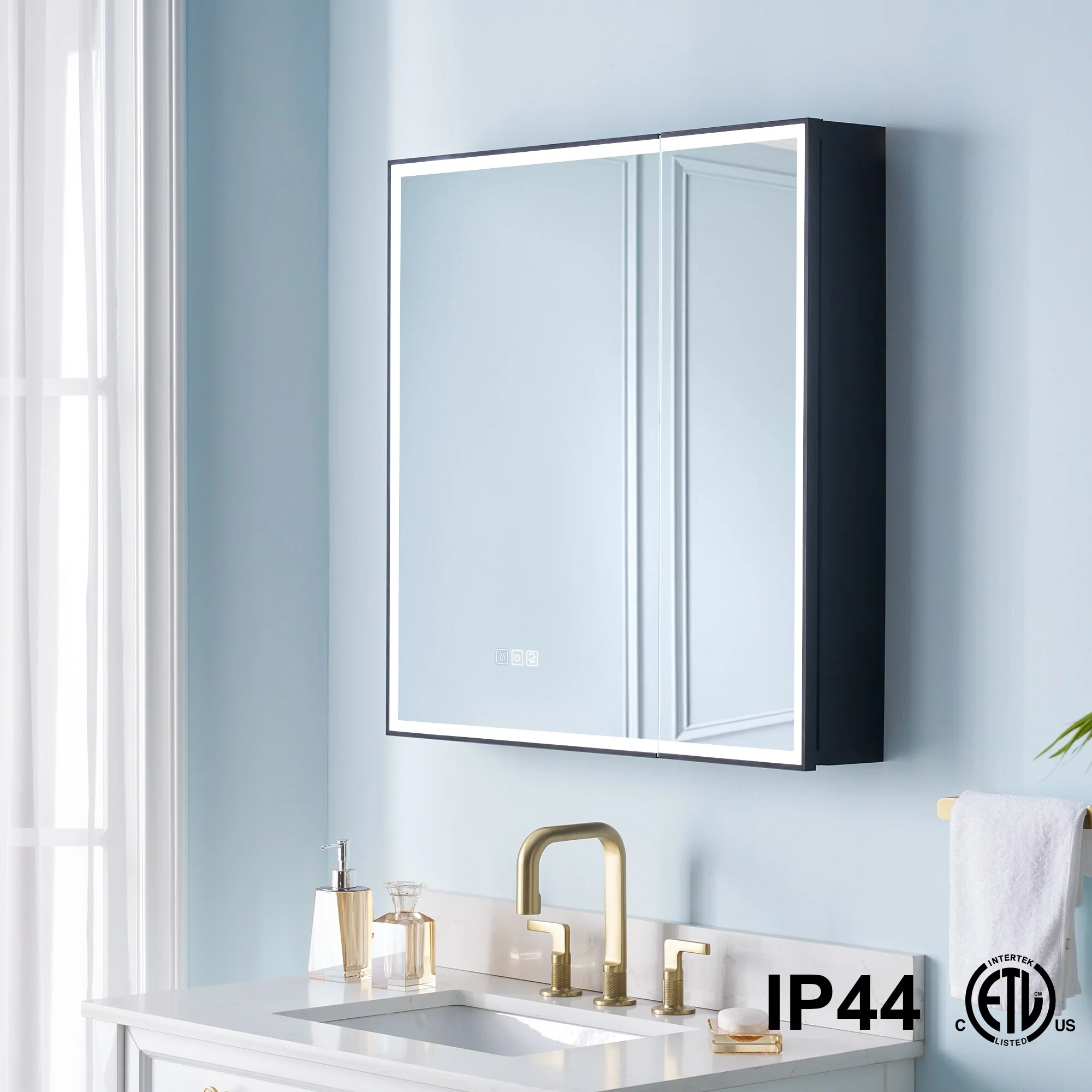30'' H Recessed Or Surface Wall Mounted LED Mirror Cabinet With Mirror And Adjustable Shelves,Black Frame