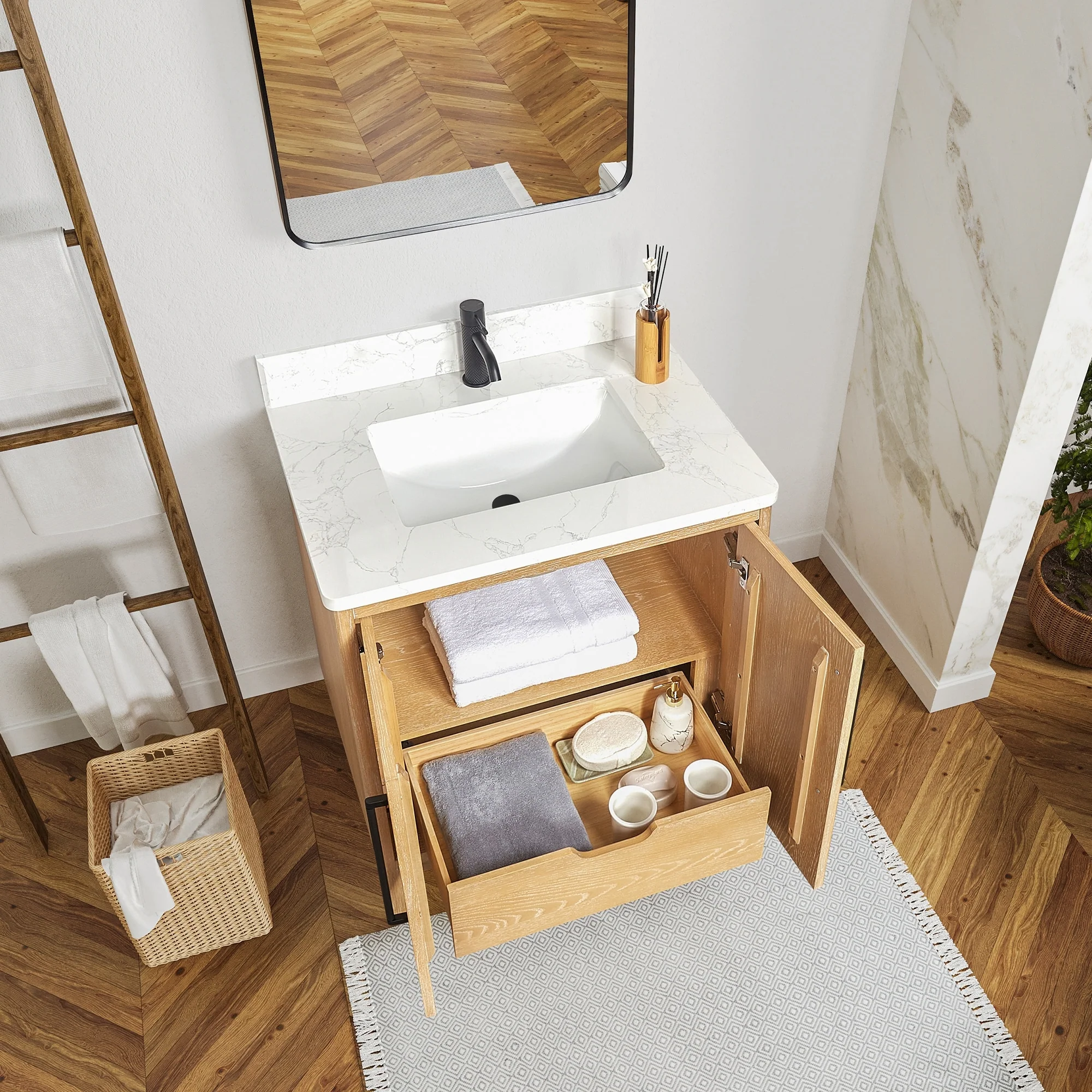 Gara Single Bath Vanity with Composite Stone Top and Mirror