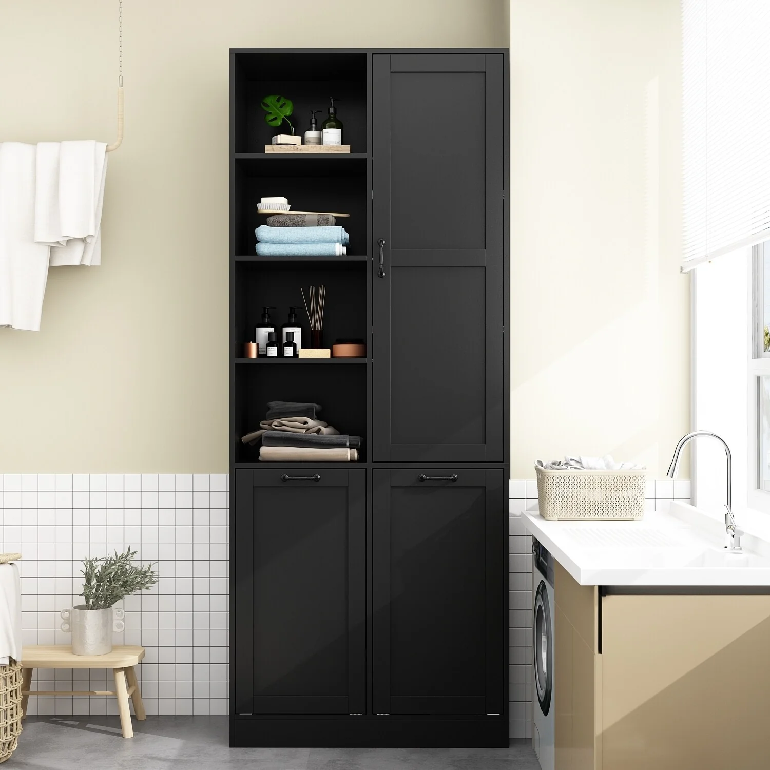 Sleek White Laundry Bathroom Cabinet with Unique Rotating Drawers