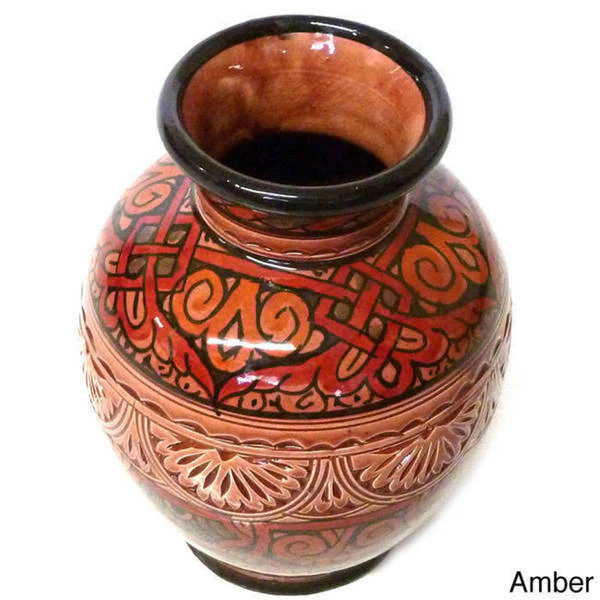 Engraved Ceramic Vase , Handmade in Morocco