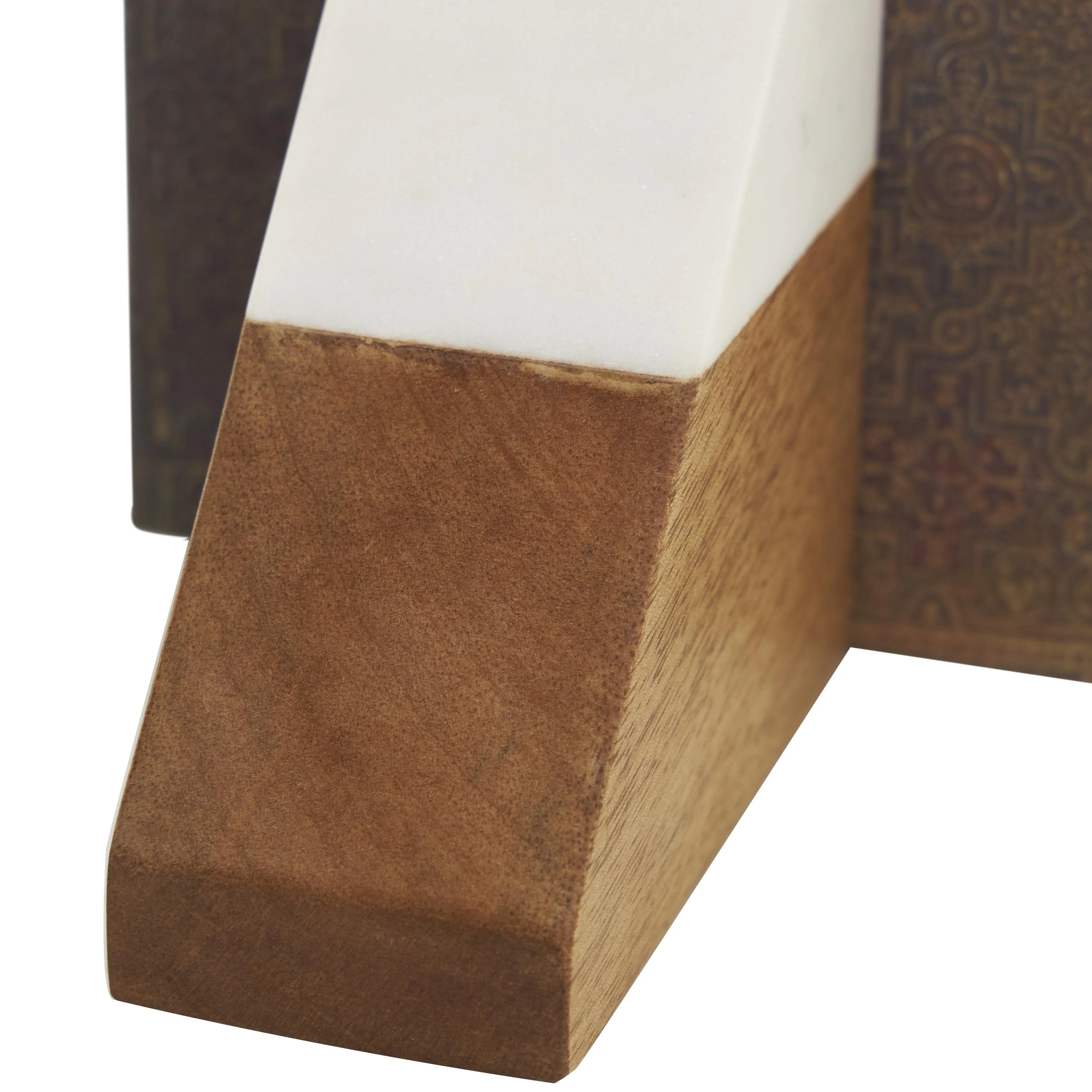 Mango Wood Geometric Triangle 3 lbs Decorative Bookends with White Marble Tops - Set of 2 Brown - Roche River Decor