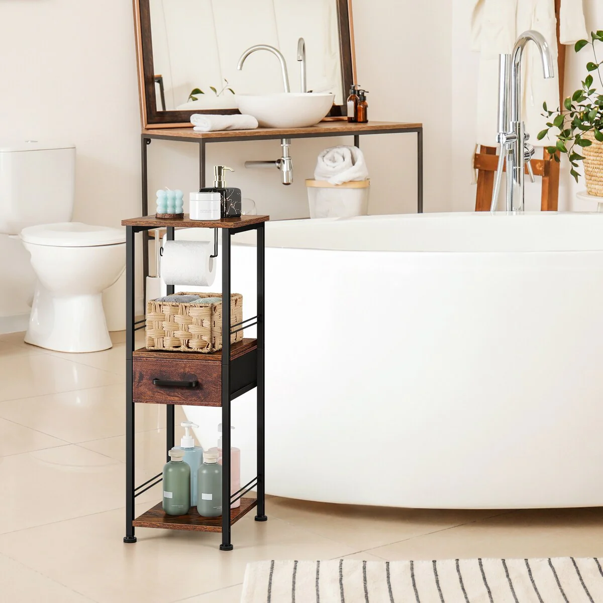 Freestanding Toilet Paper Storage Cabinet with Sliding Storage Drawer