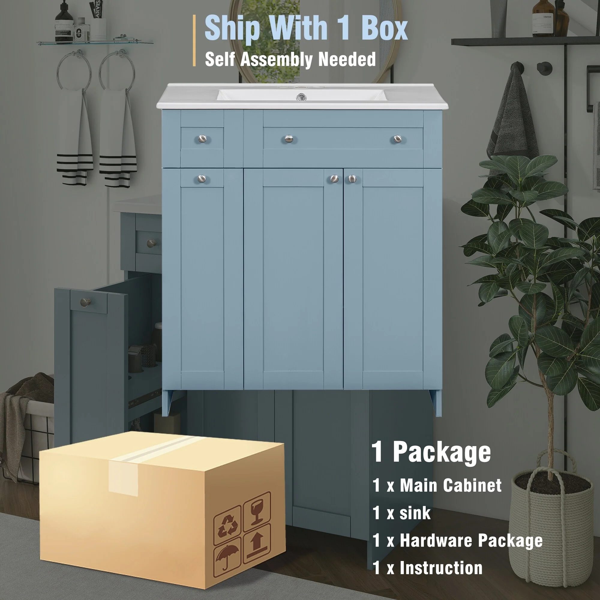 30-Inch Black Bathroom Vanity with Ceramic Sink