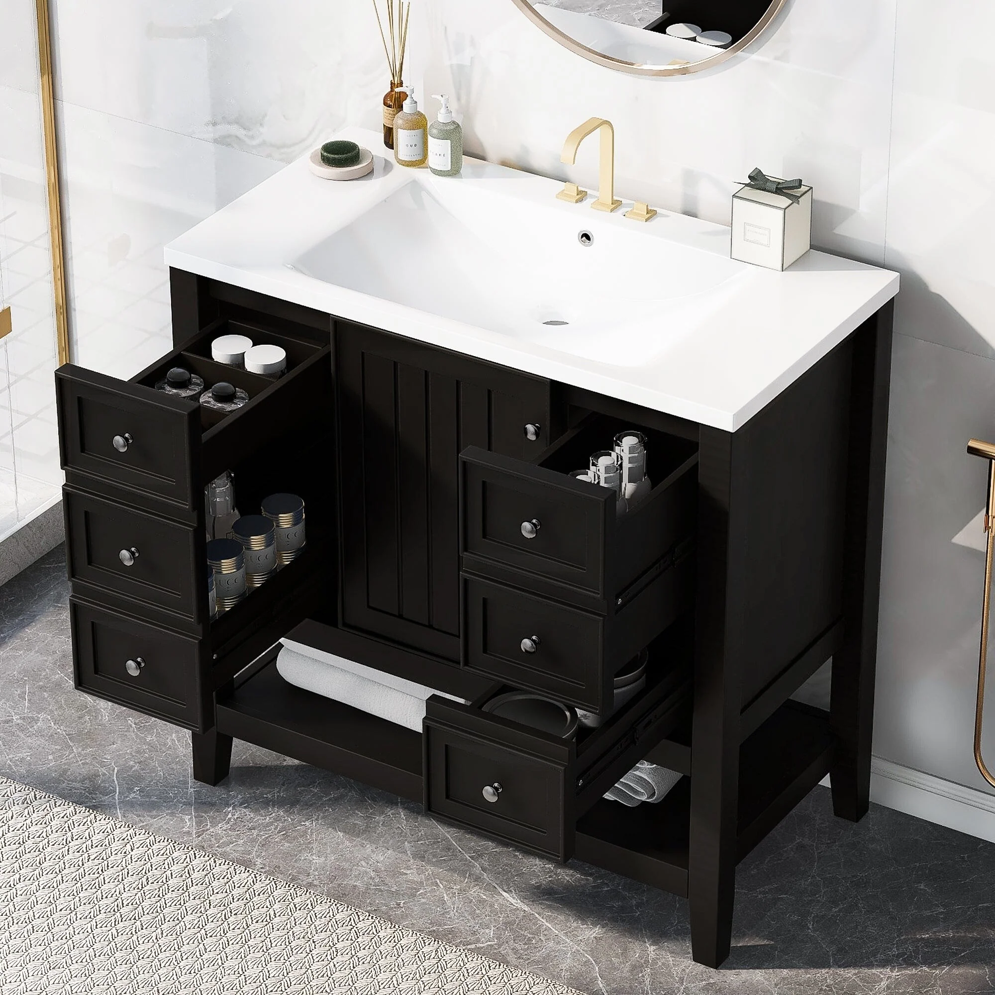 36 Inch Freestanding Bathroom Vanity Set with Drawers and Ceramic Sink