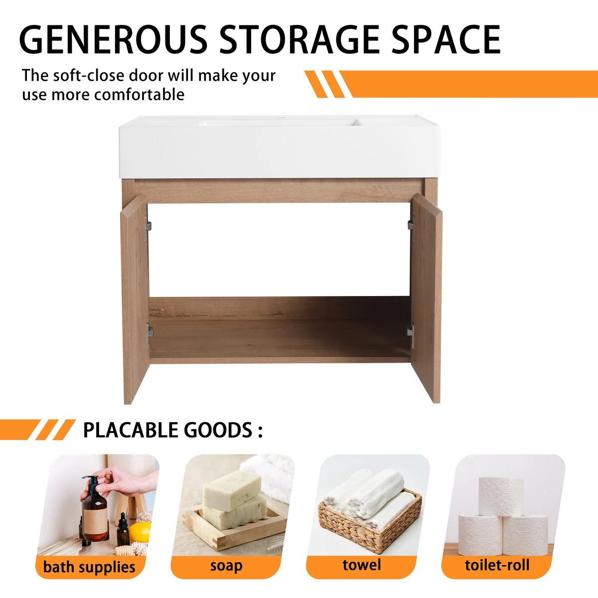 Bathroom Vanity With Sink In 24/30/36 Inch, Floating Bathroom Vanity with Soft Close Door